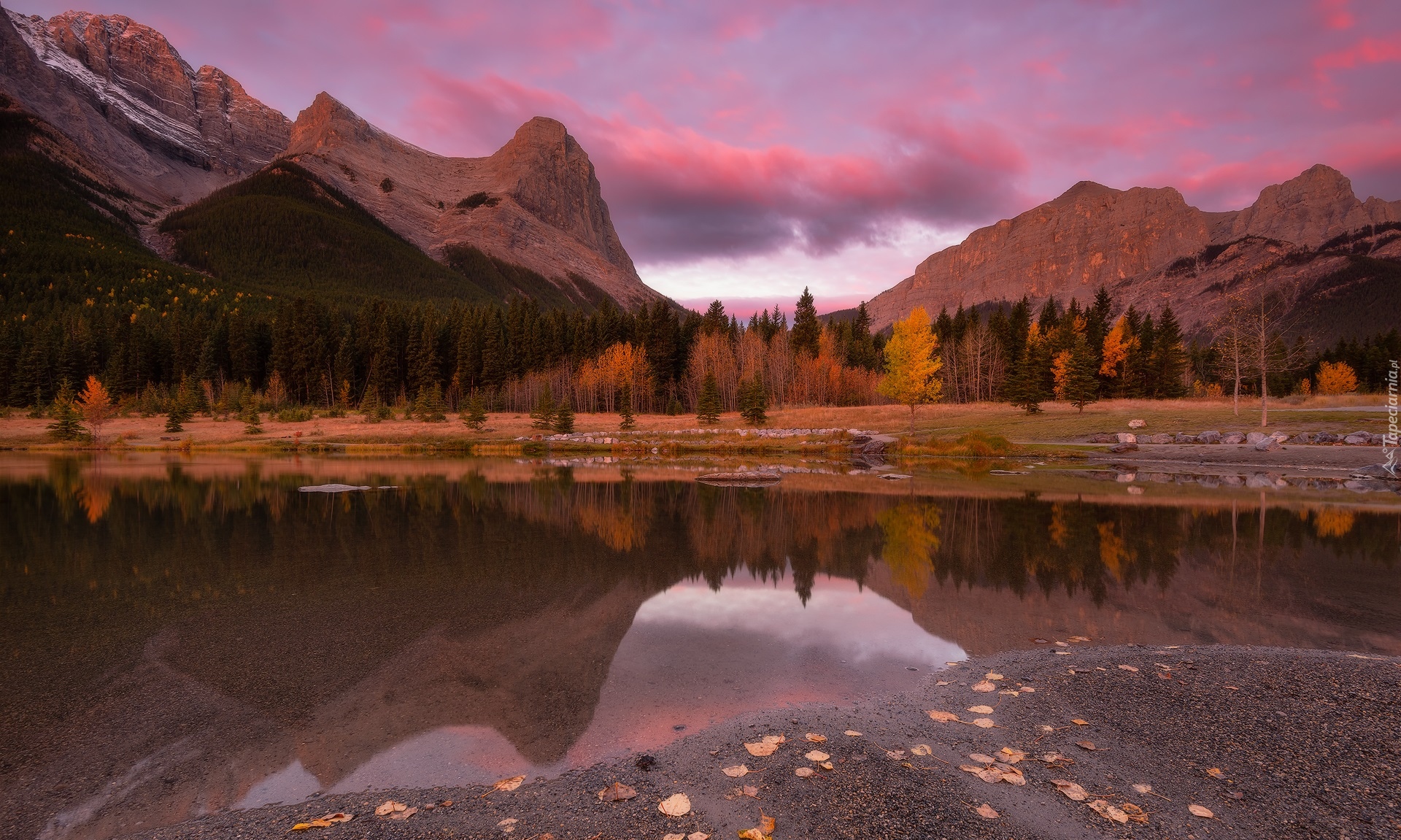 Kanada, Alberta, Canmore, Góry, Jezioro, Quarry Lake, Drzewa, Liście, Jesień