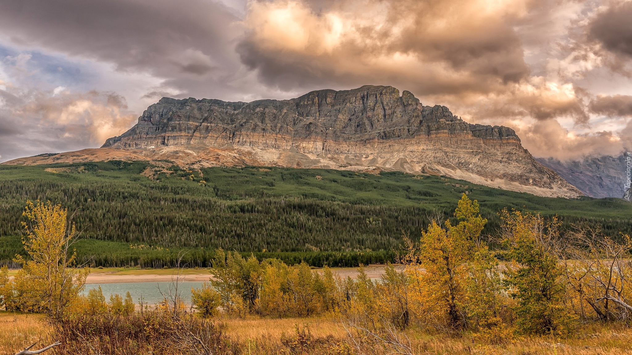 Jesień, Góry, Drzewa, Jezioro Sherburne, Park Narodowy Glacier, Stan Montana, Stany Zjednoczone