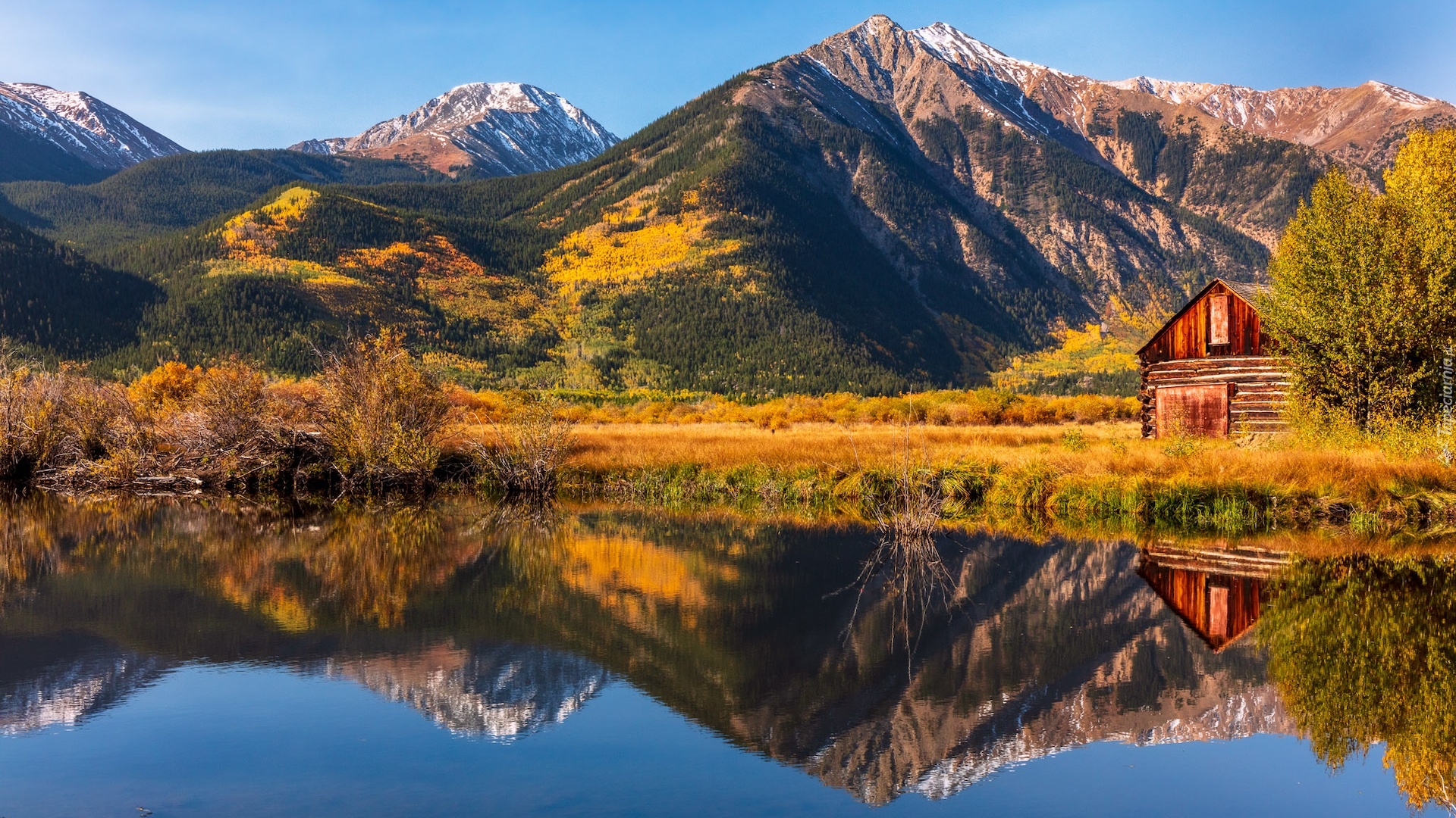 Stany Zjednoczone, Kolorado, Góry, Jezioro, Twin Lakes, Jesień, Dom, Drewniany, Drzewa, Odbicie