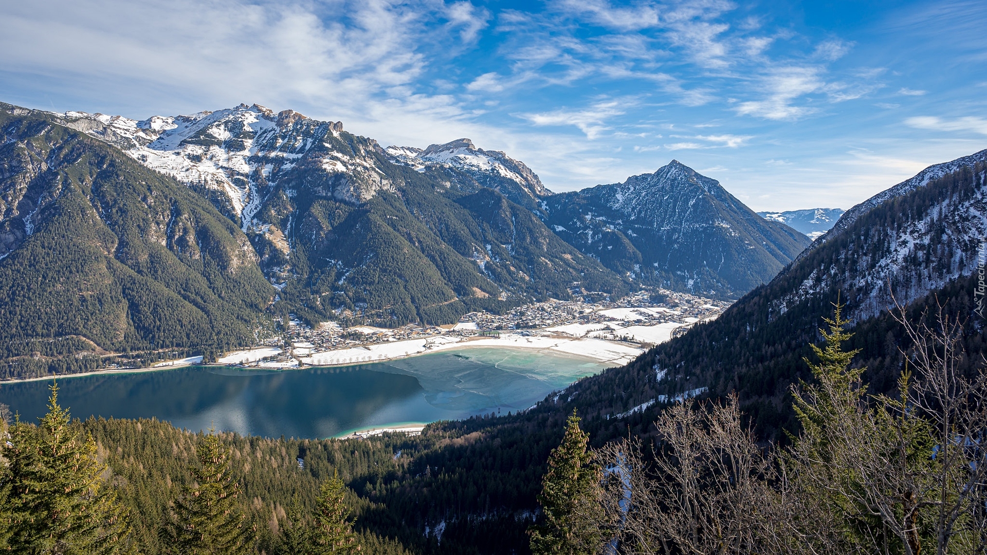 Zima, Góry, Jezioro, Achensee, Drzewa, Dolina, Achental, Tyrol, Austria