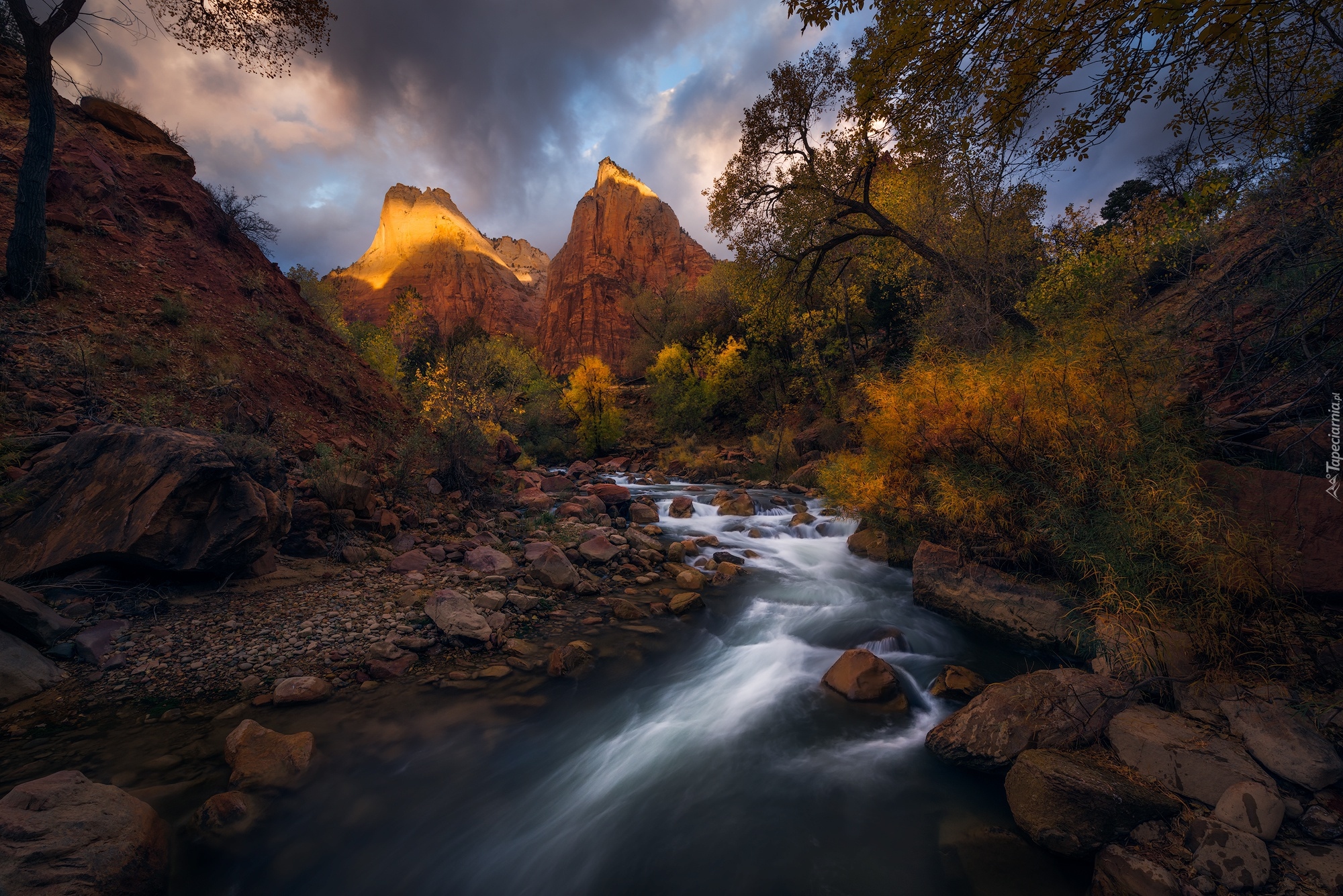 Stany Zjednoczone, Stan Utah, Park Narodowy Zion, Góry, Skały, Rzeka Virgin River