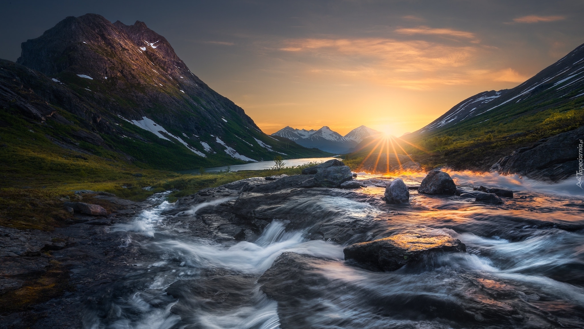 Góry, Rzeka Rauma, Jezioro, Promienie słońca, Dolina, Romsdalen, Norwegia