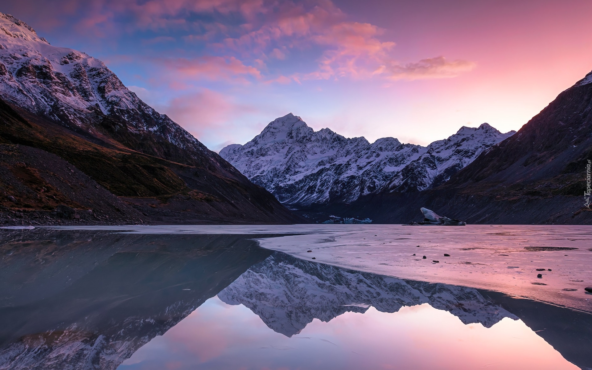 Nowa Zelandia, Park Narodowy Góry Cooka, Dolina Hooker, Góry, Jezioro, Hooker Lake, Chmury