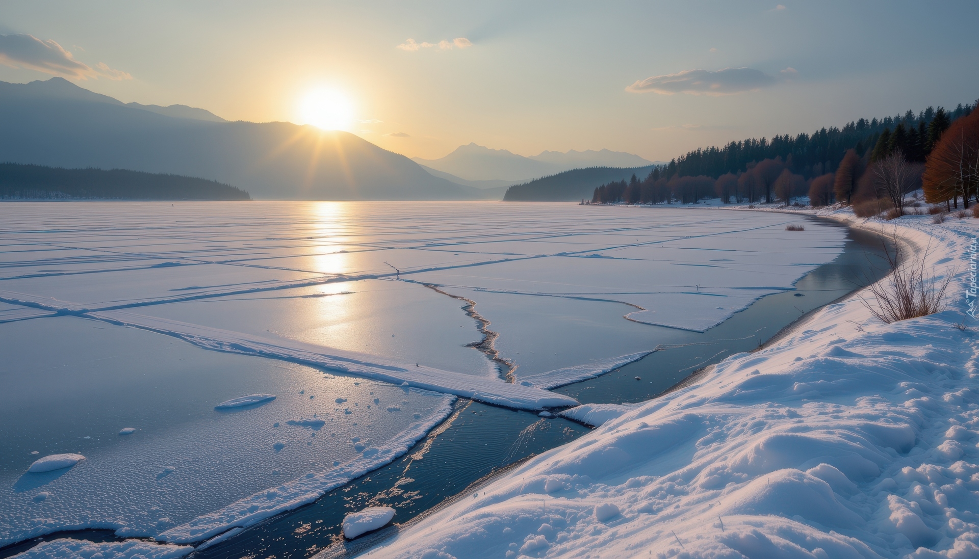 Zima, Jezioro, Lód, Słońce
