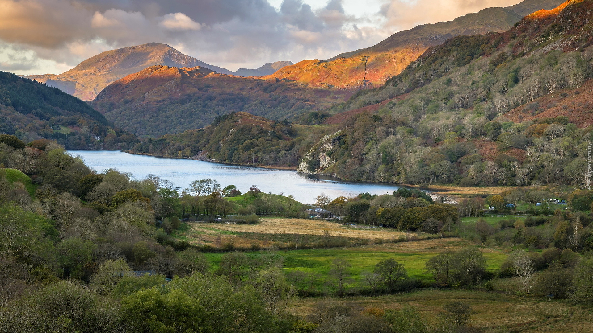 Jezioro, Llyn Gwynant, Park Narodowy Snowdonia, Góry Kambryjskie, Walia