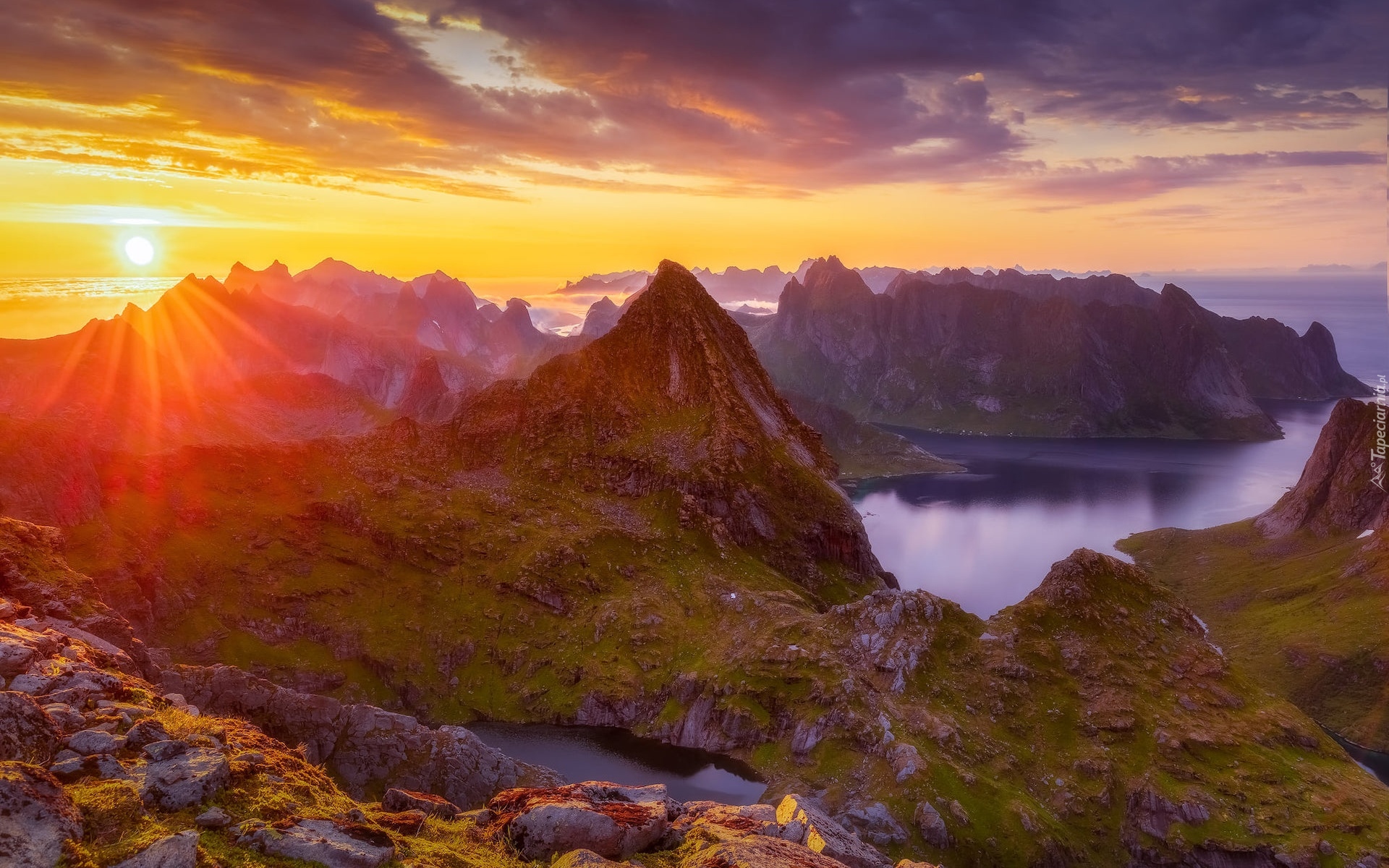 Norwegia, Morze, Góry, Wyspy, Lofoty, Promienie słońca