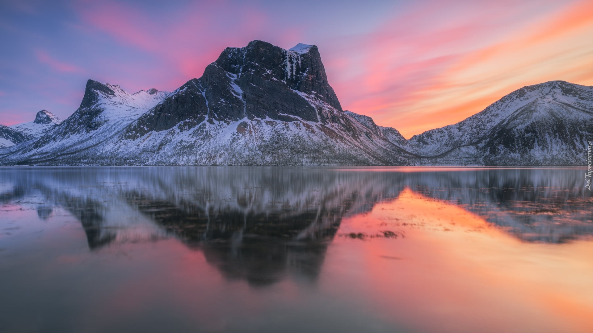 Morze, Góry, Zima, Zachód słońca, Wyspa Senja, Norwegia