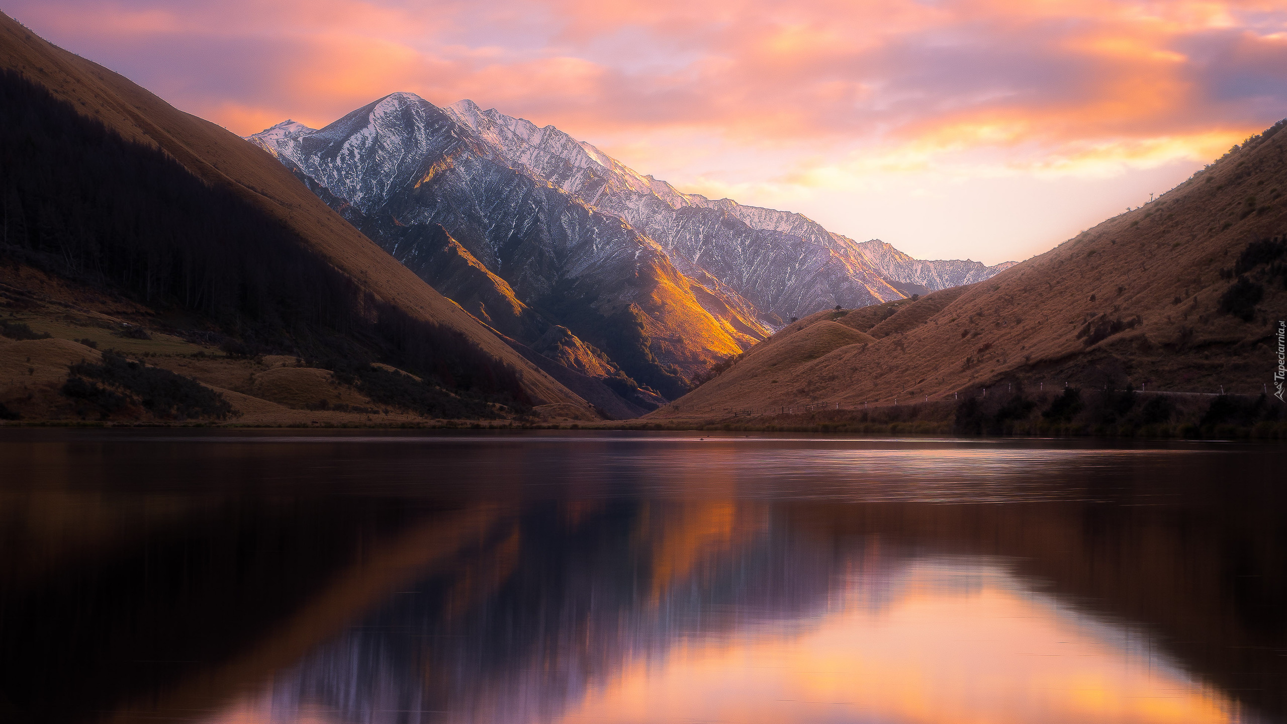 Nowa Zelandia, Jezioro Kirkpatrick, Góry, Zachód słońca
