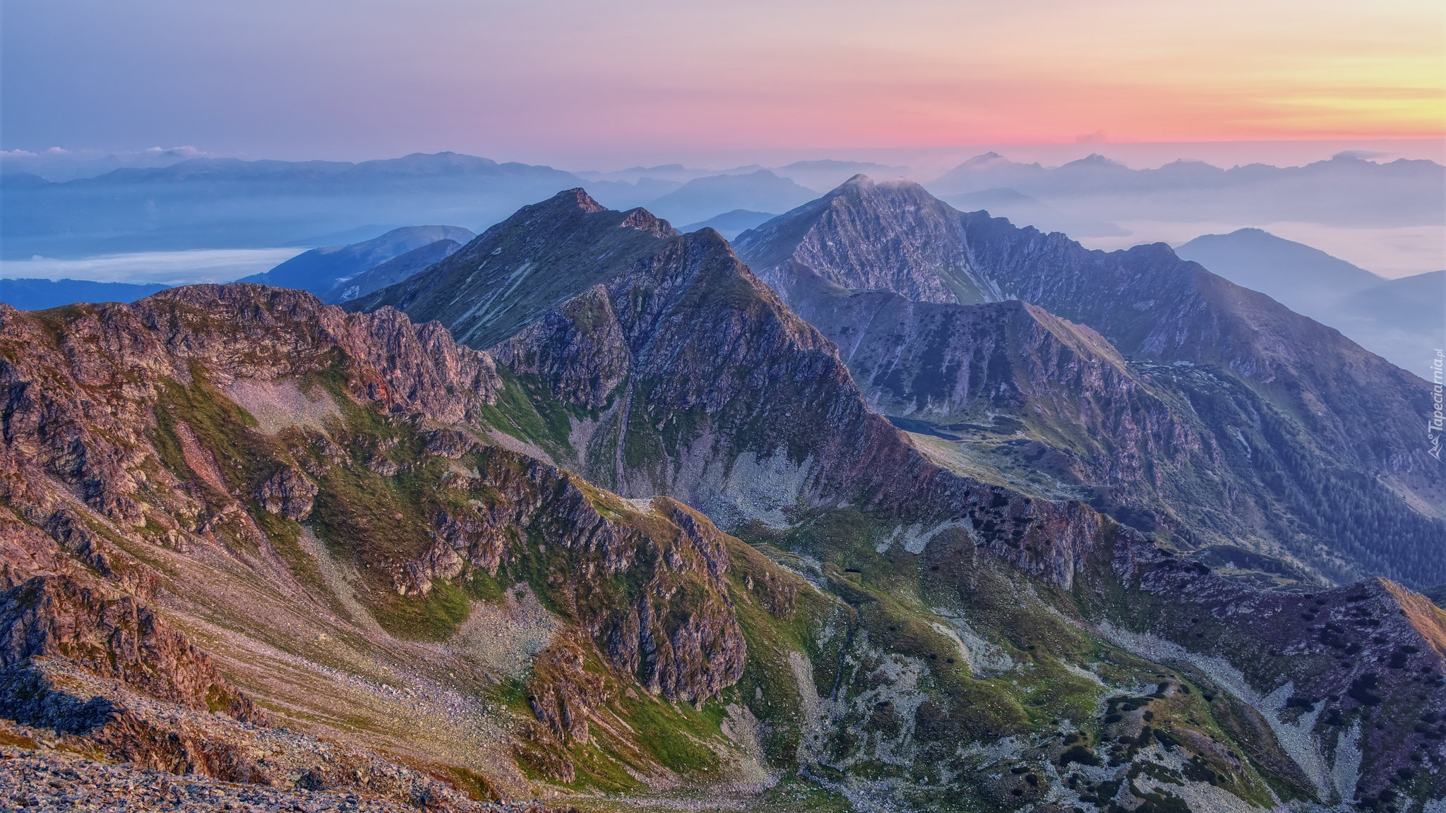 Wschód słońca, Szczyty, Góry, Alpy, Niskie Taury, Austria