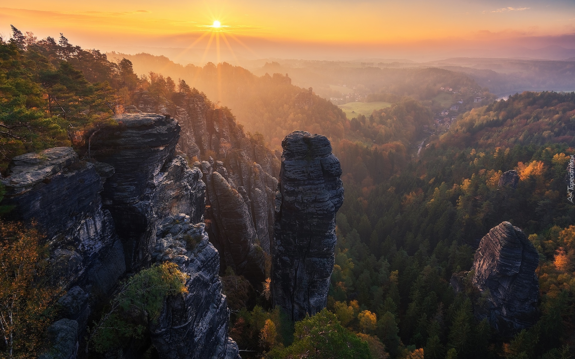 Niemcy, Park Narodowy Saskiej Szwajcarii, Góry Połabskie, Skały, Drzewa, Wschód słońca, Promienie słońca