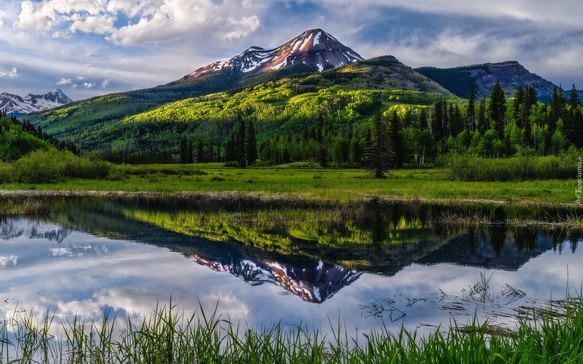 Góry, San Juan Mountains, Jezioro, Drzewa, Chmury, Odbicie, Stan Kolorado, Stany Zjednoczone