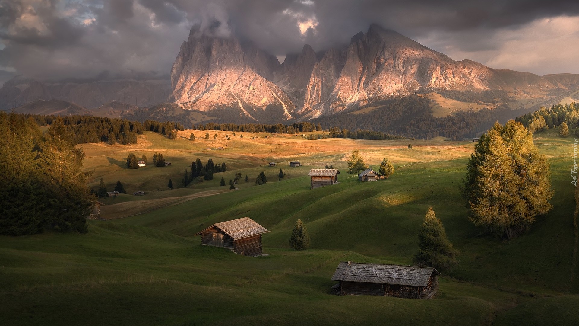 Dolomity, Góry, Sassolungo, Płaskowyż Seiser Alm, Dolina, Val Gardena, Drzewa, Drewniane, Domki, Włochy