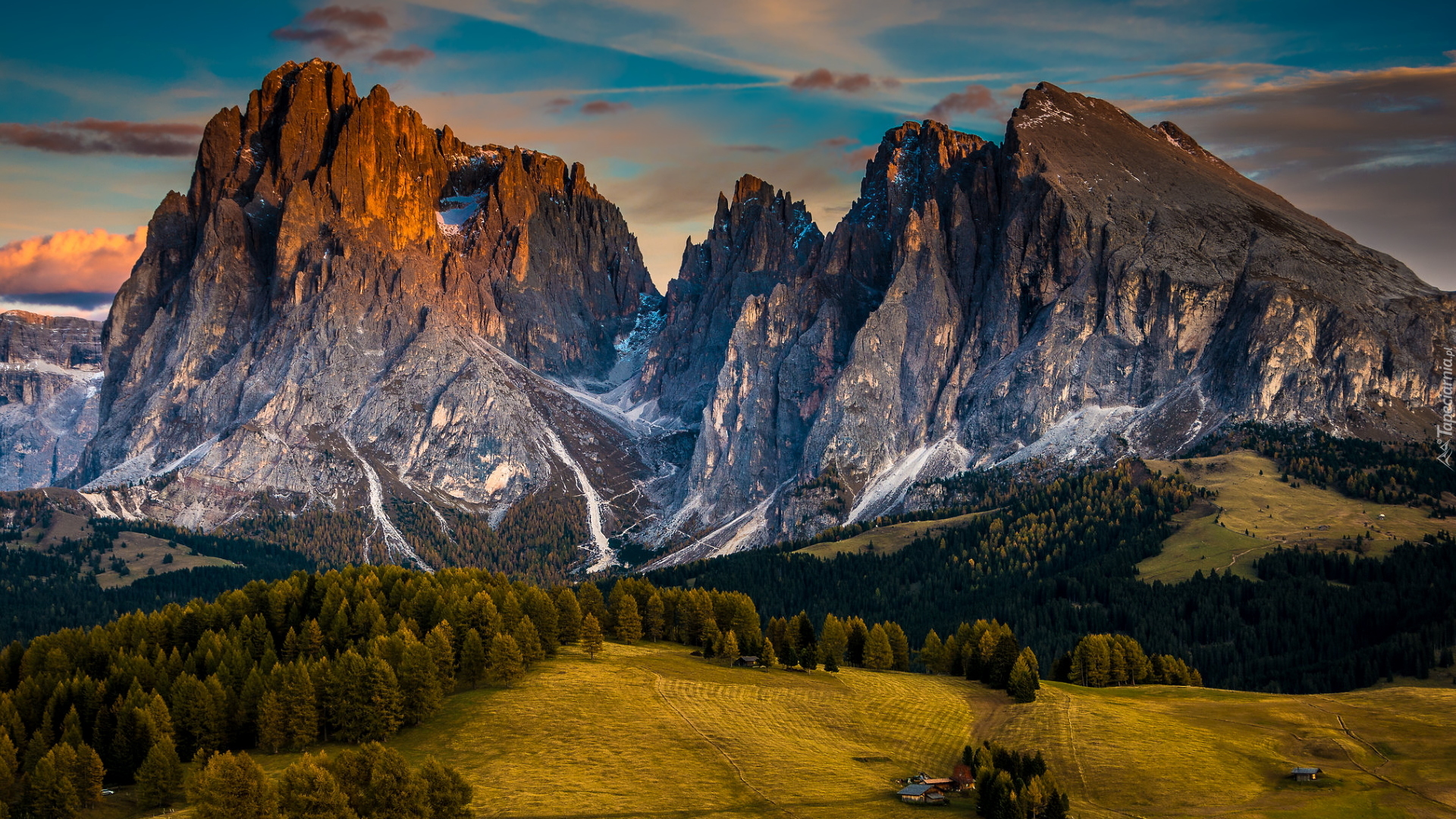 Dolomity, Góry Sassolungo, Płaskowyż Seiser Alm, Dolina Val Gardena, Drzewa, Włochy