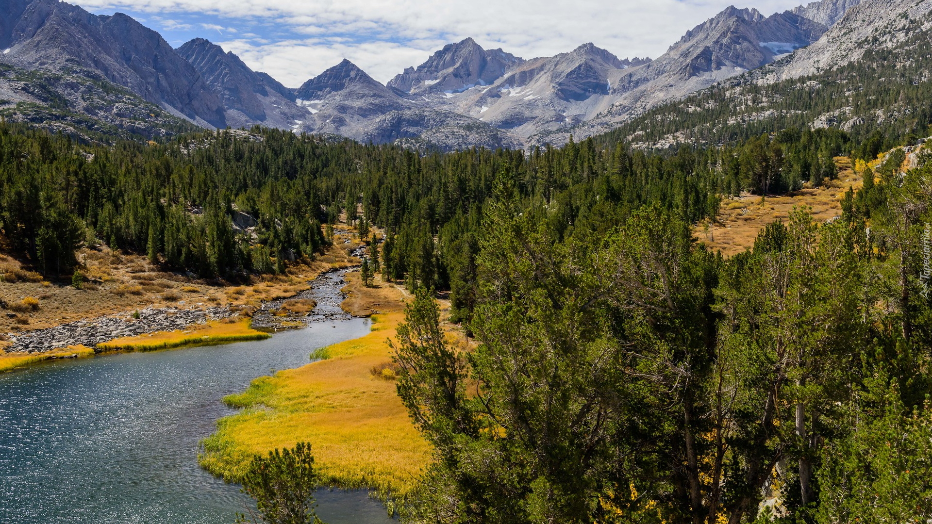Góry, Sierra Nevada, Rzeka, Rock Creek, Drzewa, Lasy, Eastern Sierra, Stan Kalifornia, Stany Zjednoczone