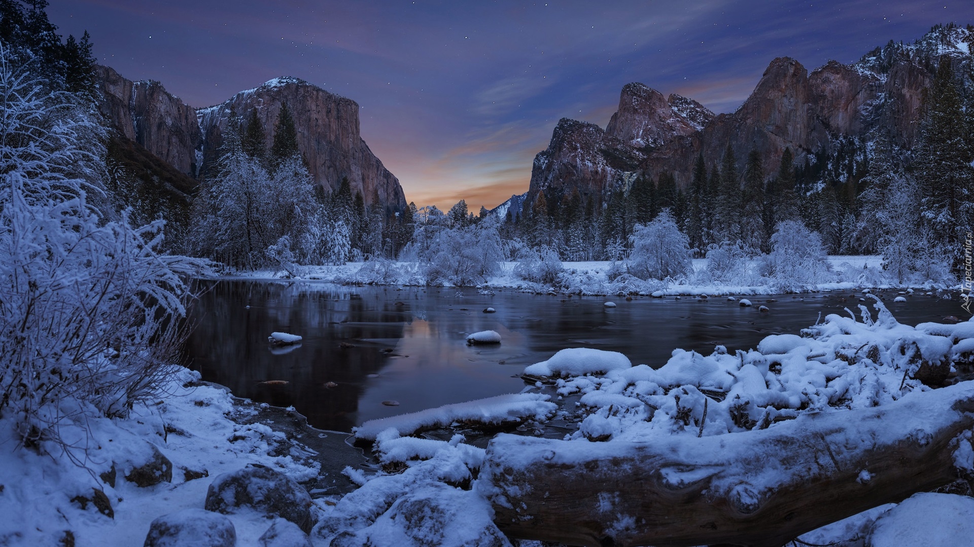 Park Narodowy Yosemite, Góry Sierra Nevada, Rzeka, Merced River, Drzewa, Zima, Kalifornia, Stany Zjednoczone