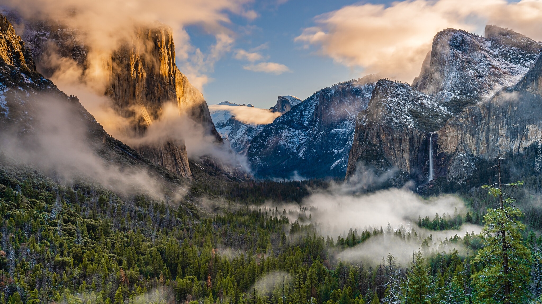 Góry, Mgła, Wodospad, Yosemite Valley, Drzewa, Park Narodowy Yosemite, Kalifornia, Stany Zjednoczone