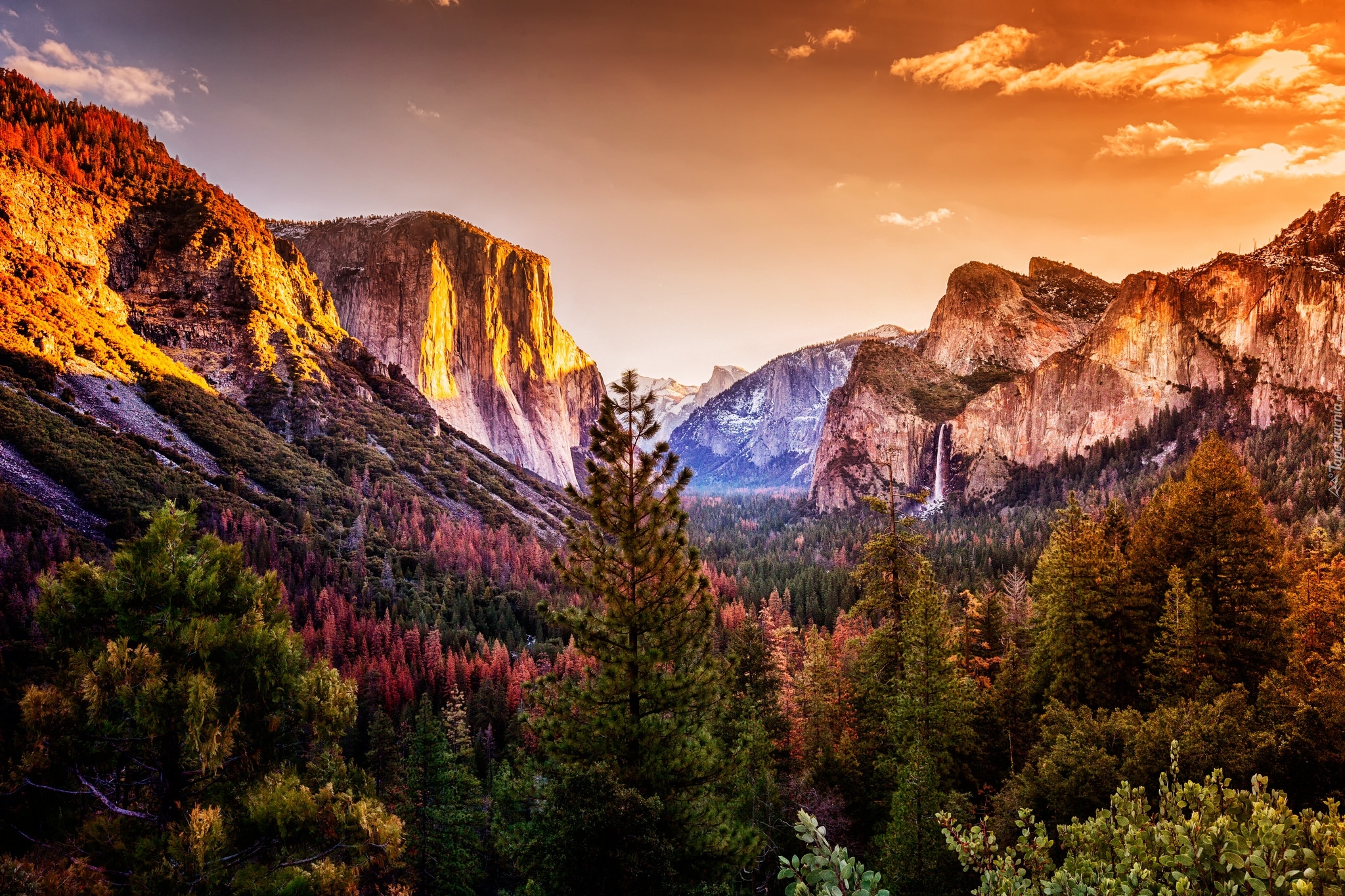 Park Narodowy Yosemite, Góry, Sierra Nevada, Lasy, Drzewa, Jesień, Niebo, Chmury, Przyroda, Kalifornia, Stany Zjednoczone