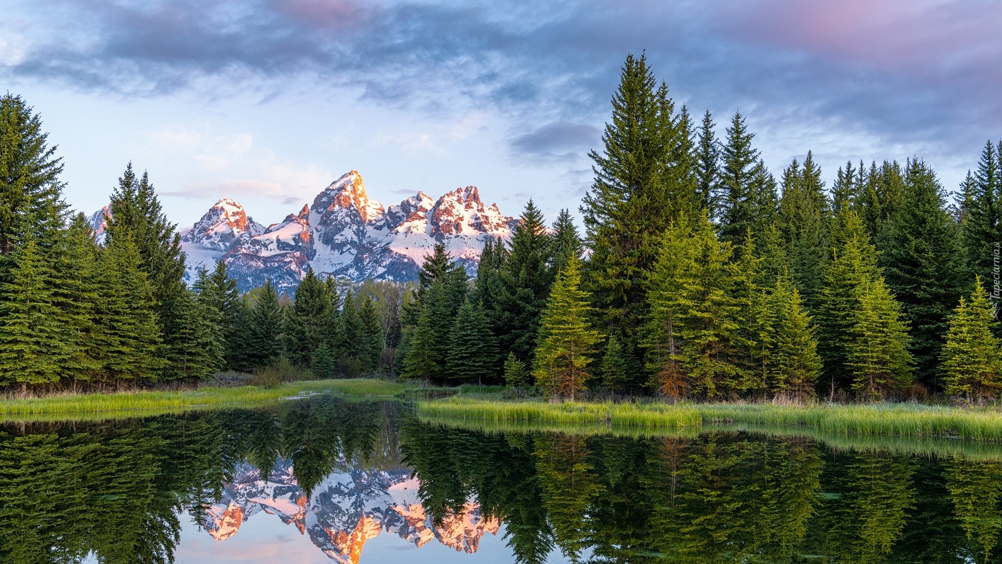 Park Narodowy Grand Teton, Góry Skaliste, Drzewa, Rzeka, Snake River, Chmury, Odbicie, Stan Wyoming, Stany Zjednoczone