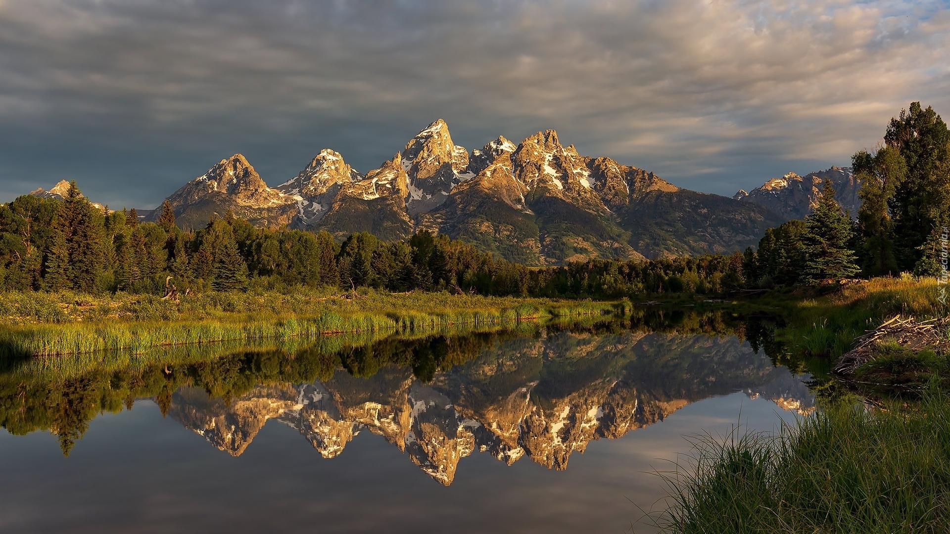 Park Narodowy Grand Teton, Jezioro, Drzewa, Góry, Teton Range, Odbicie, Stan Wyoming, Stany Zjednoczone