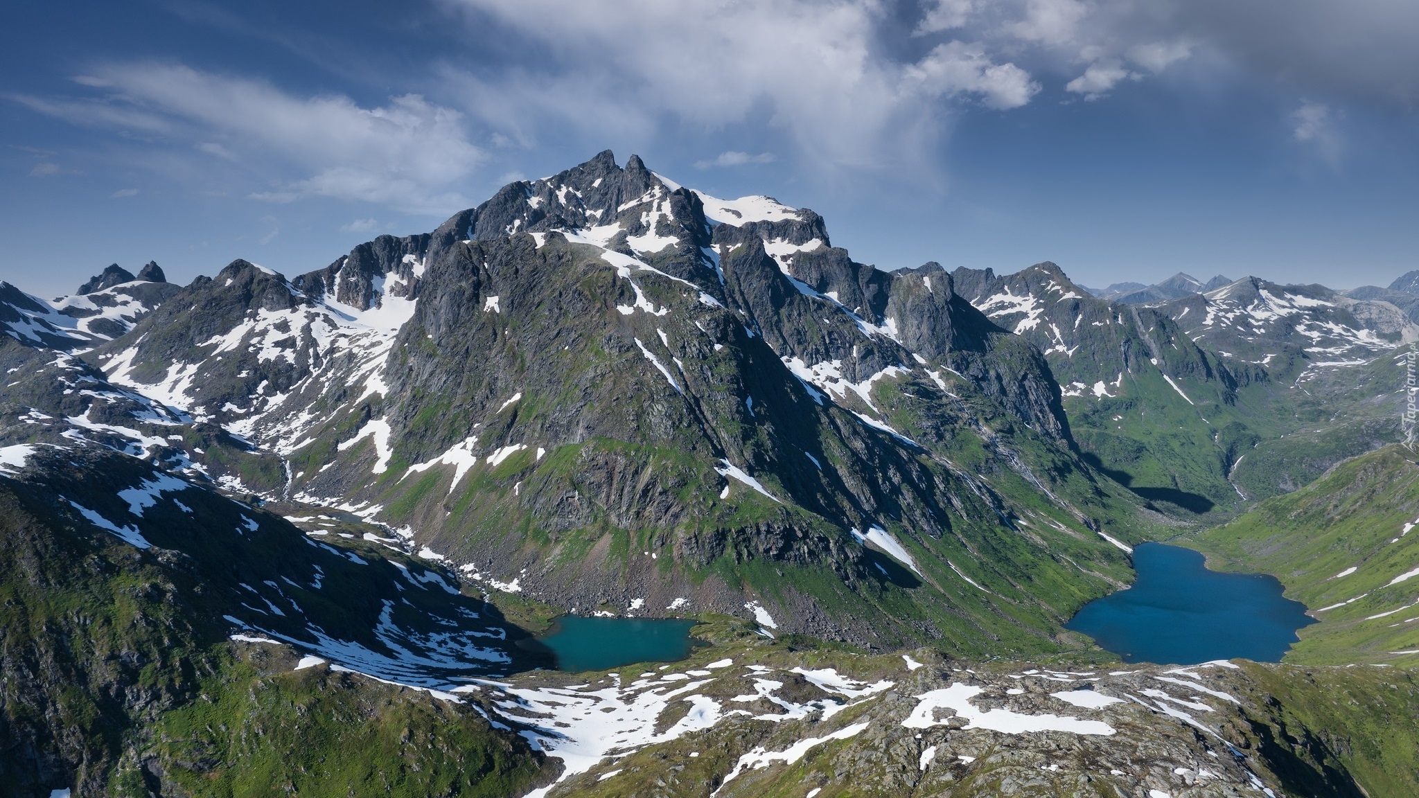 Góry, Szczyt, Moysalen, Śnieg, Jeziora, Park Narodowy Moysalen, Wyspa Hinnya, Norwegia