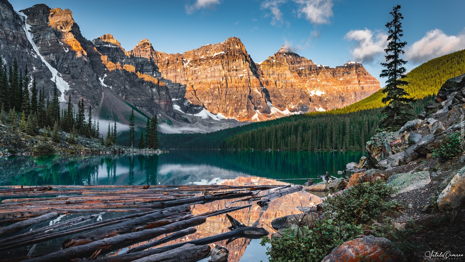 Jezioro, Moraine Lake, Kłody, Góry, Las, Drzewa, Park Narodowy Banff, Alberta, Kanada