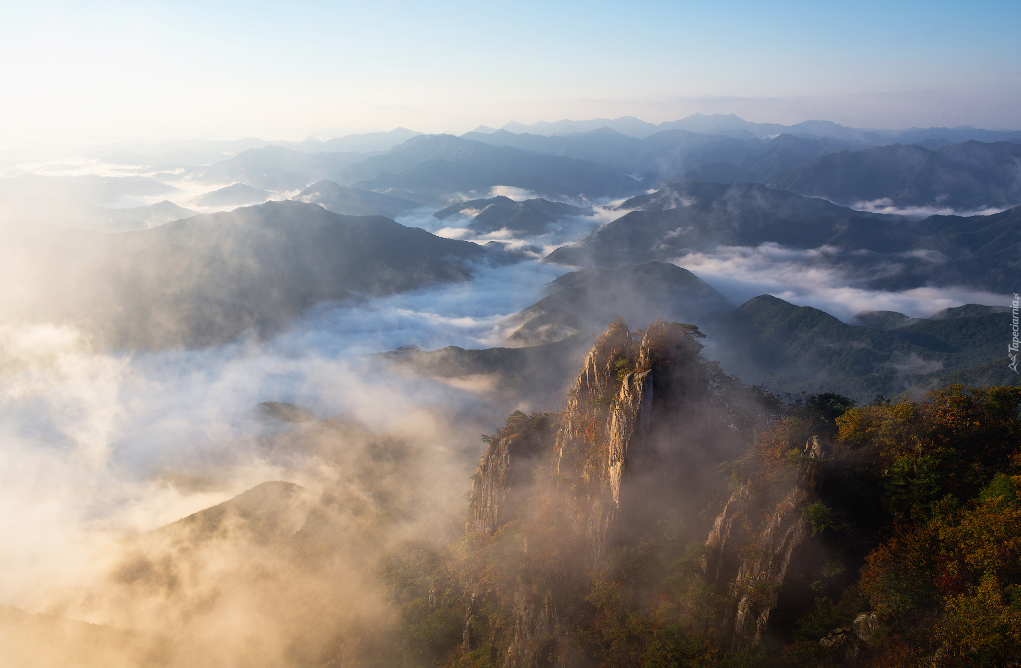 Wierzchołki, Góry, Mgła, Park prowincjonalny Daedunsan, Drzewa, Skały, Prowincja Jeolla Północna, Korea Południowa