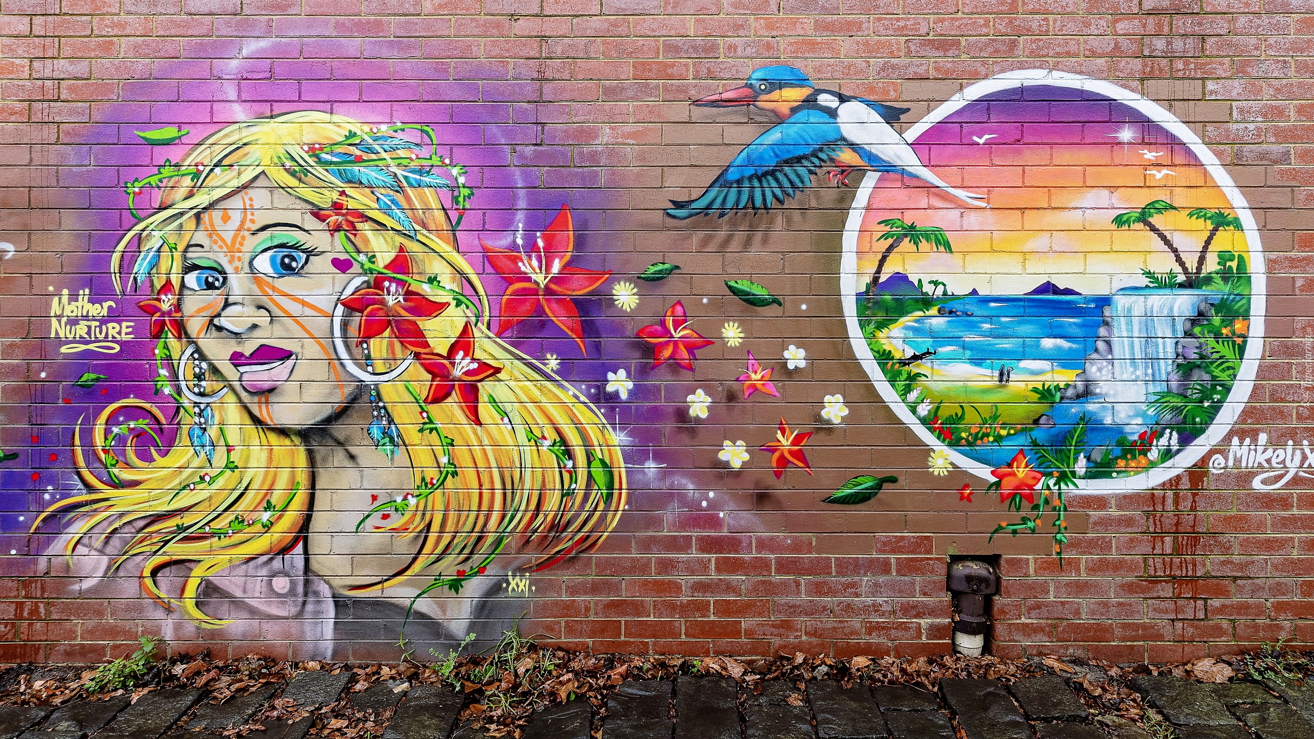 Ściana, Kobieta, Ptak, Street art