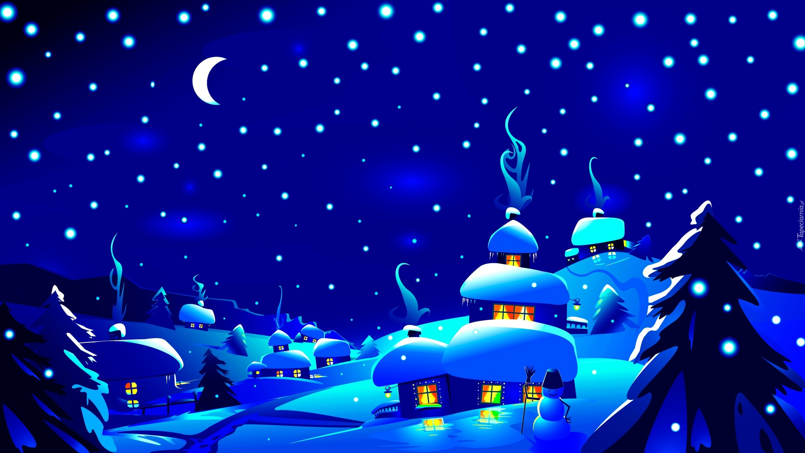 Wieś, Domy, Śnieg, Drzewa, Noc, Księżyc