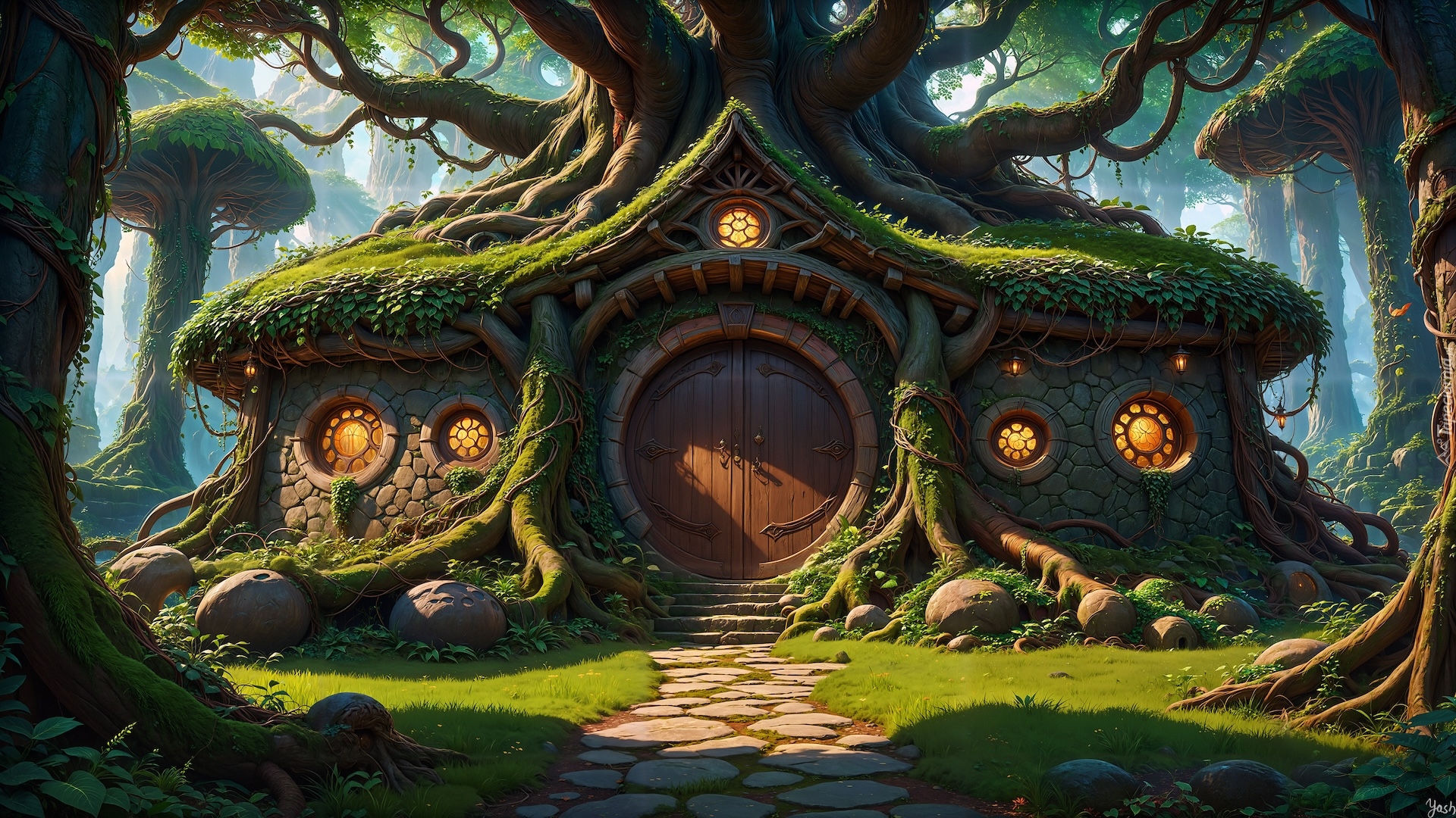 Grafika, Fantazja, Drzewa, Dom, Omszały, Ścieżka Fantasy