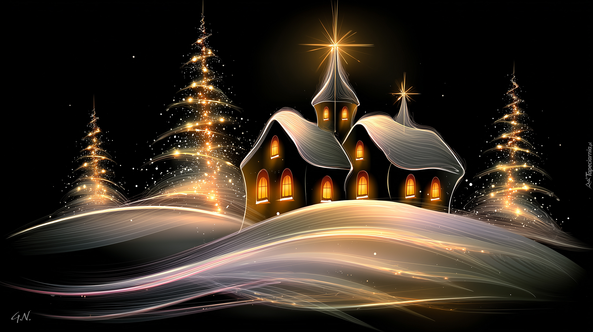 Kościół, Choinki, Noc, Zima, Grafika AI