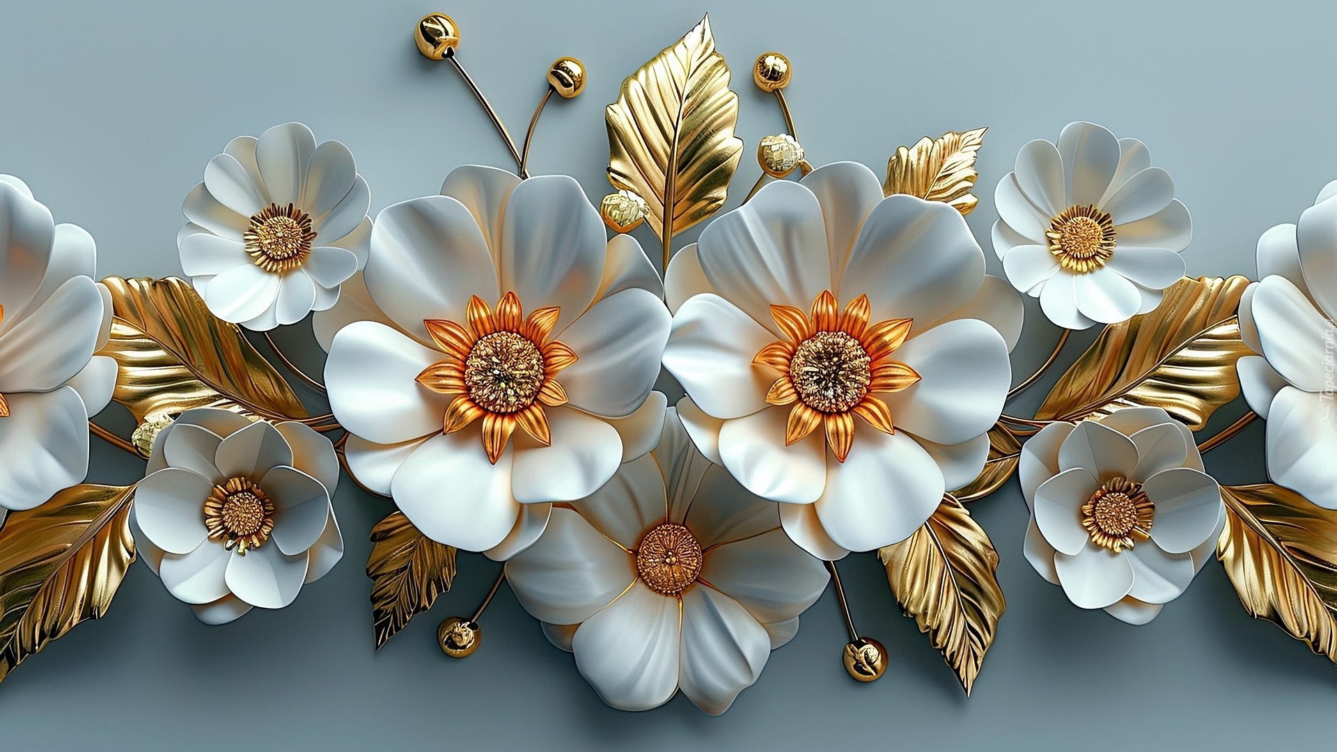 Grafika, Białe, Kwiaty, Złote, Listki