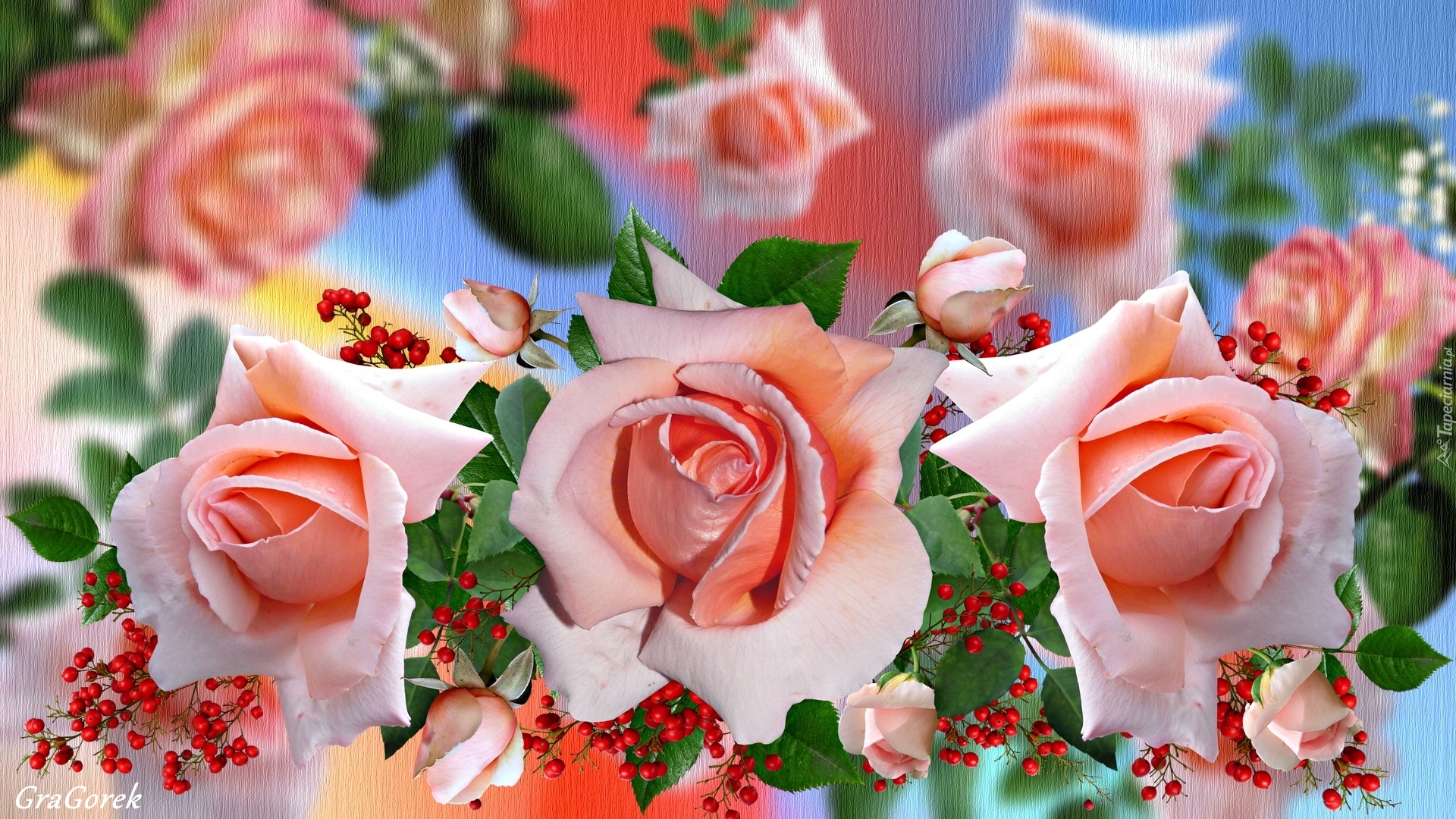 Kwiaty, Trzy, Rozwinięte, Róże, 2D