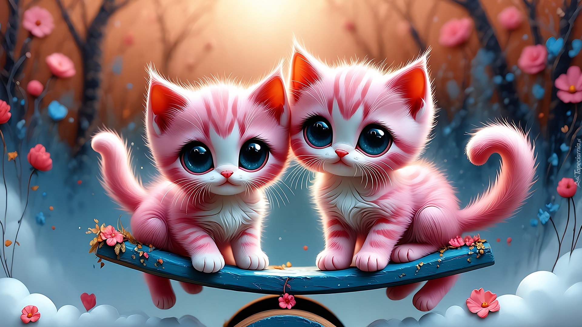 Dwa, Różowe, Koty, Grafika AI