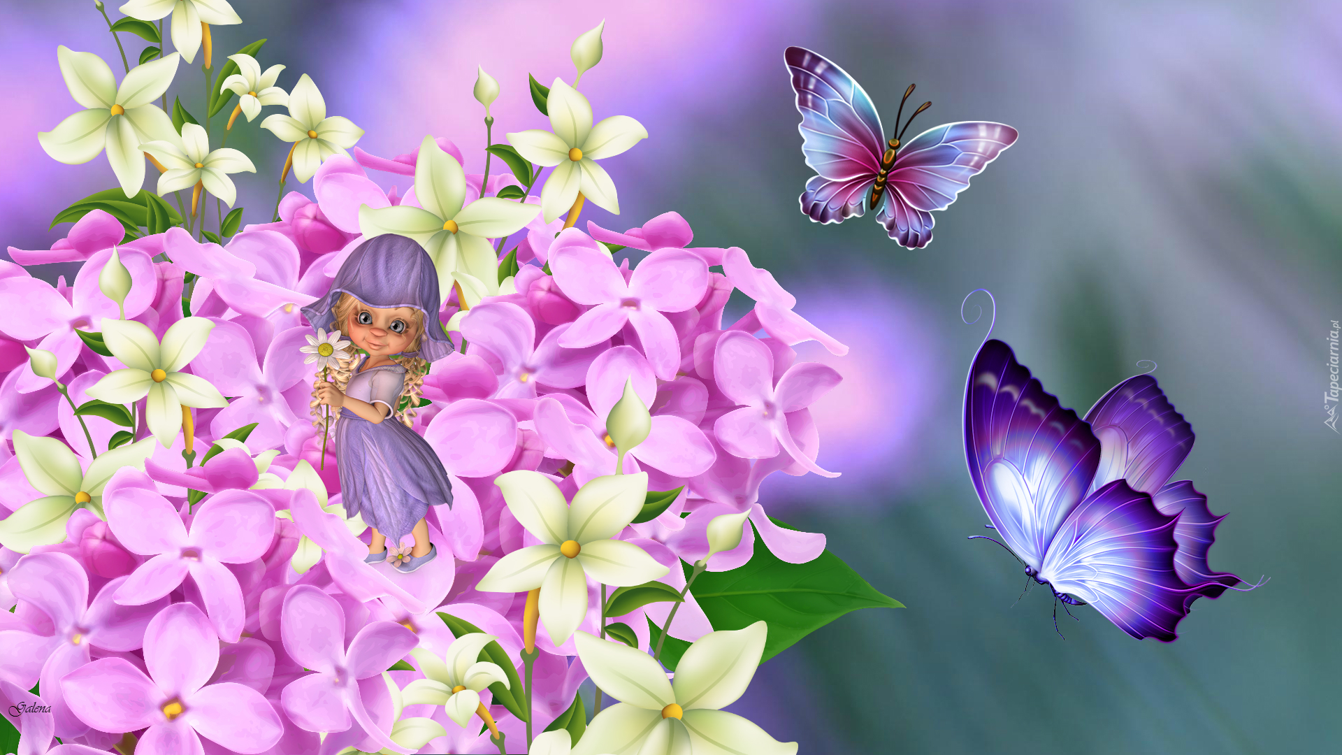 Kwiaty, Laleczka, Motyle, Grafika 2D  Motyl