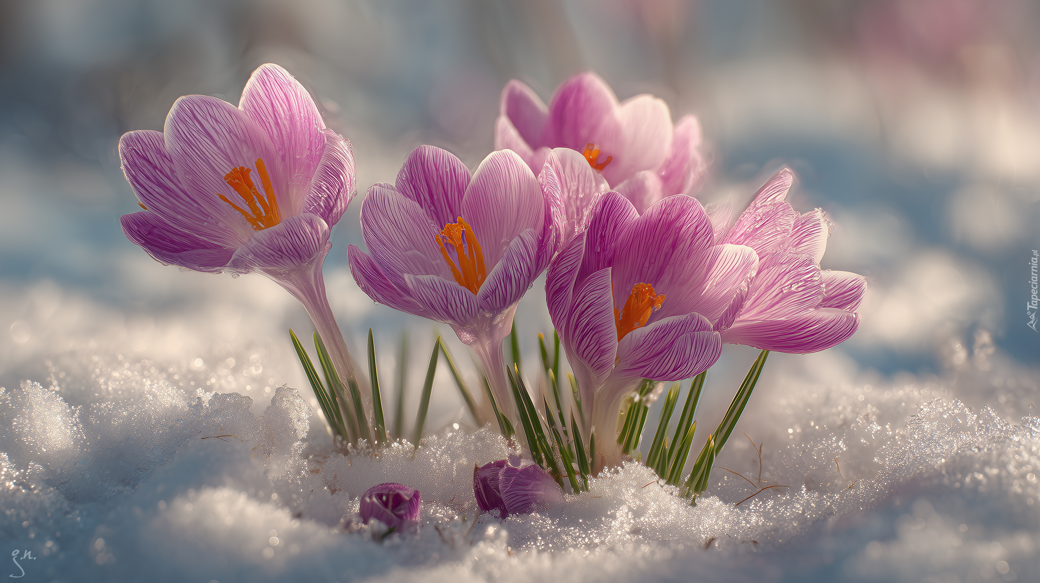 Rozkwitające, Różowe, Krokusy, Śnieg, Grafika AI