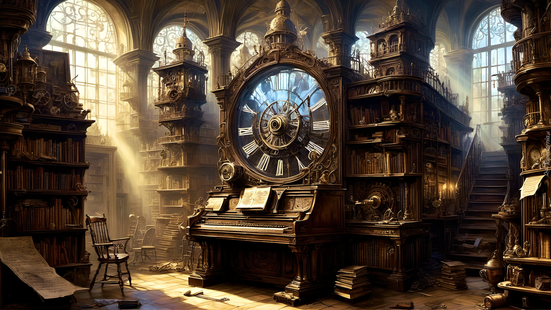 Steampunk, Wehikuł czasu, Organy, Zegar, Wnętrze, Fantasy