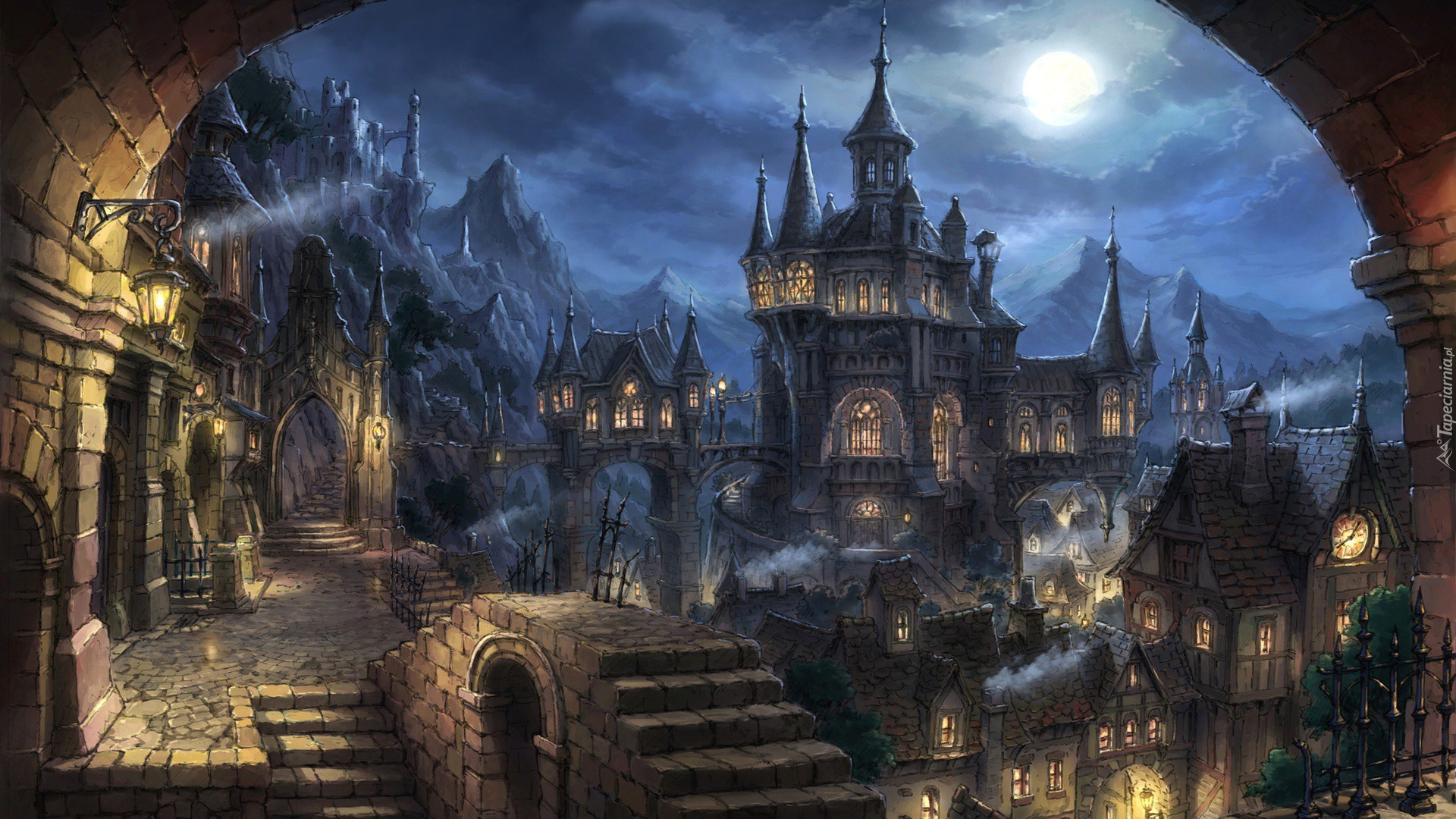 Zamek, Noc, Księżyc, Góry, Fantasy