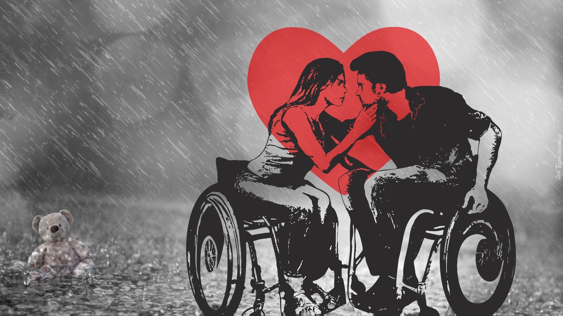 Niepełnosprawni, Zakochani, Wózki, Inwalidzkie, Deszcz, Serce, Miś