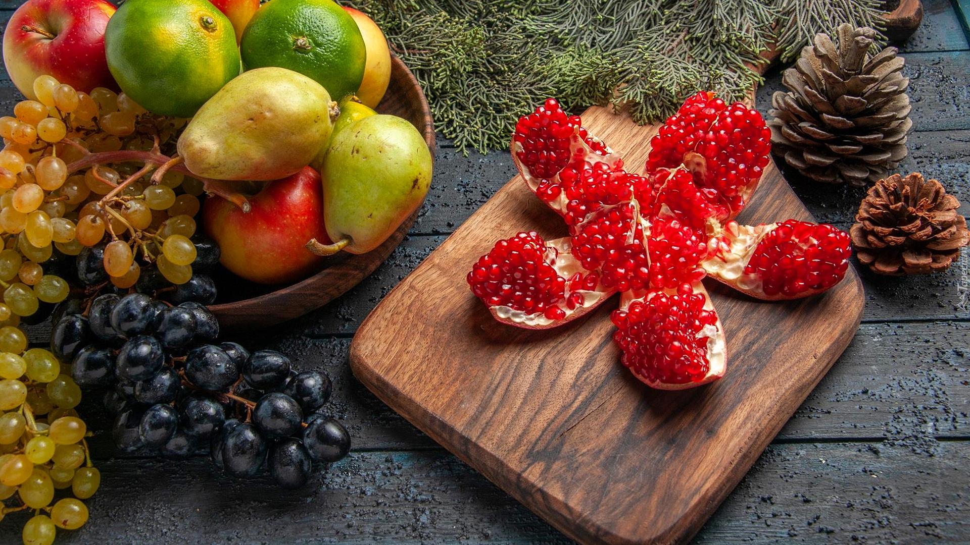 Miska, Owoce, Limonki, Jabłka, Gruszki, Winogrona, Deska, Granat, Szyszki, Gałązki