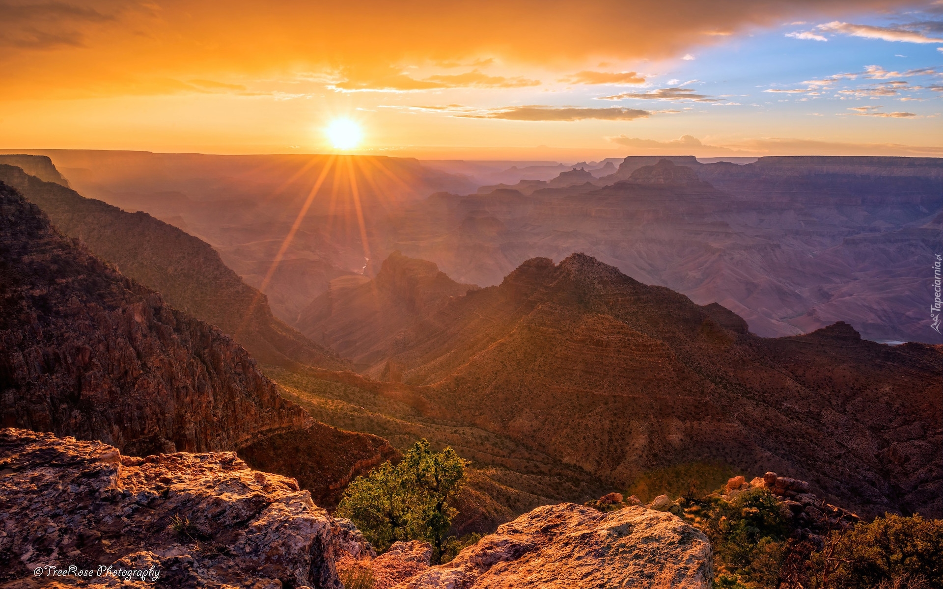 Stany Zjednoczone, Park Narodowy Wielkiego Kanionu, Wielki Kanion Kolorado, Grand Canyon, Skały, Zachód słońca