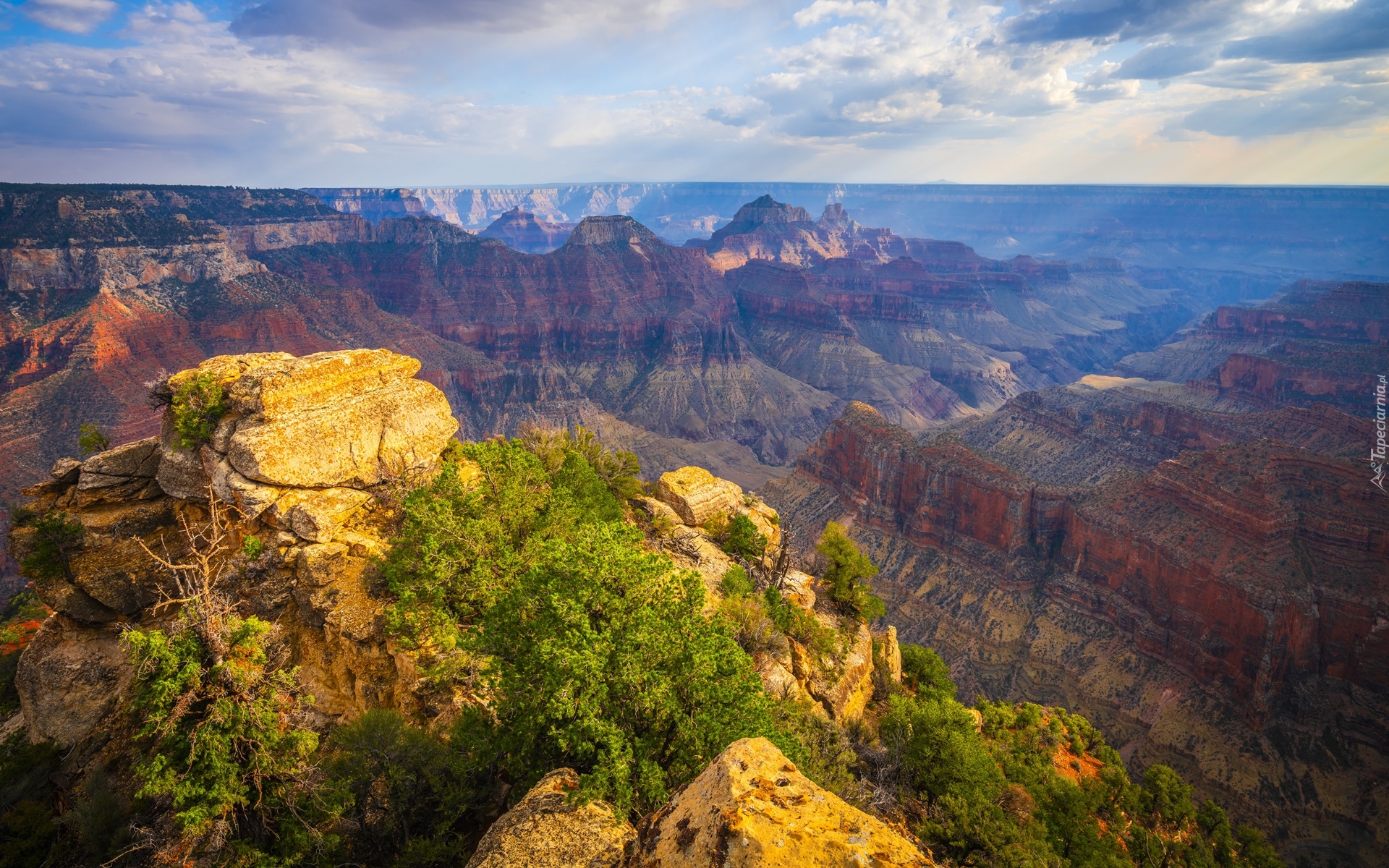 Skały, Góry, Kanion, Grand Canyon, Park Narodowy Wielkiego Kanionu, Drzewa, Chmury, Arizona, Stany Zjednoczone