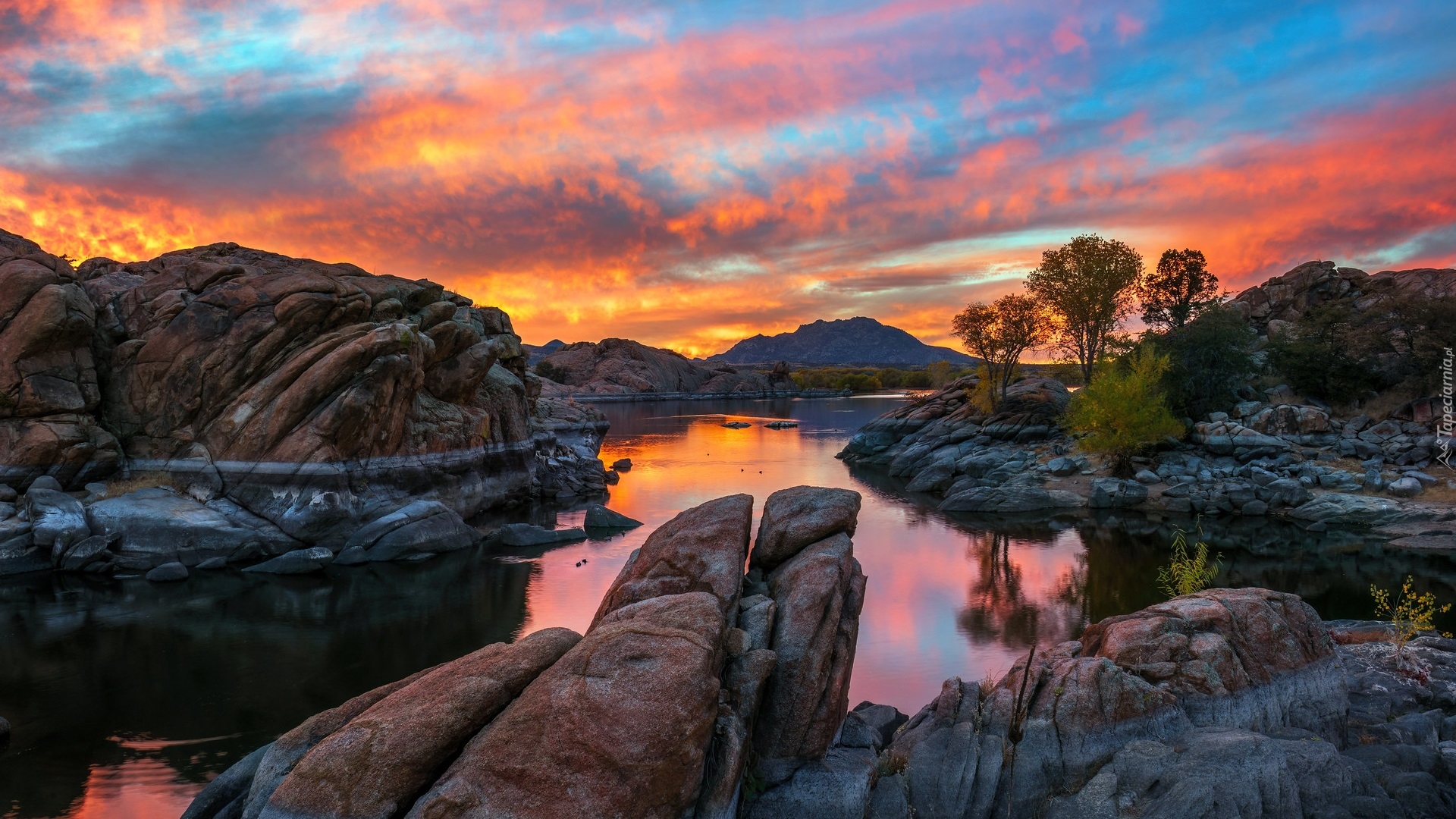 Góry, Granitowe, Skały, Granite Dells, Rzeka, Drzewa, Zachód słońca, Prescott, Arizona, Stany Zjednoczone