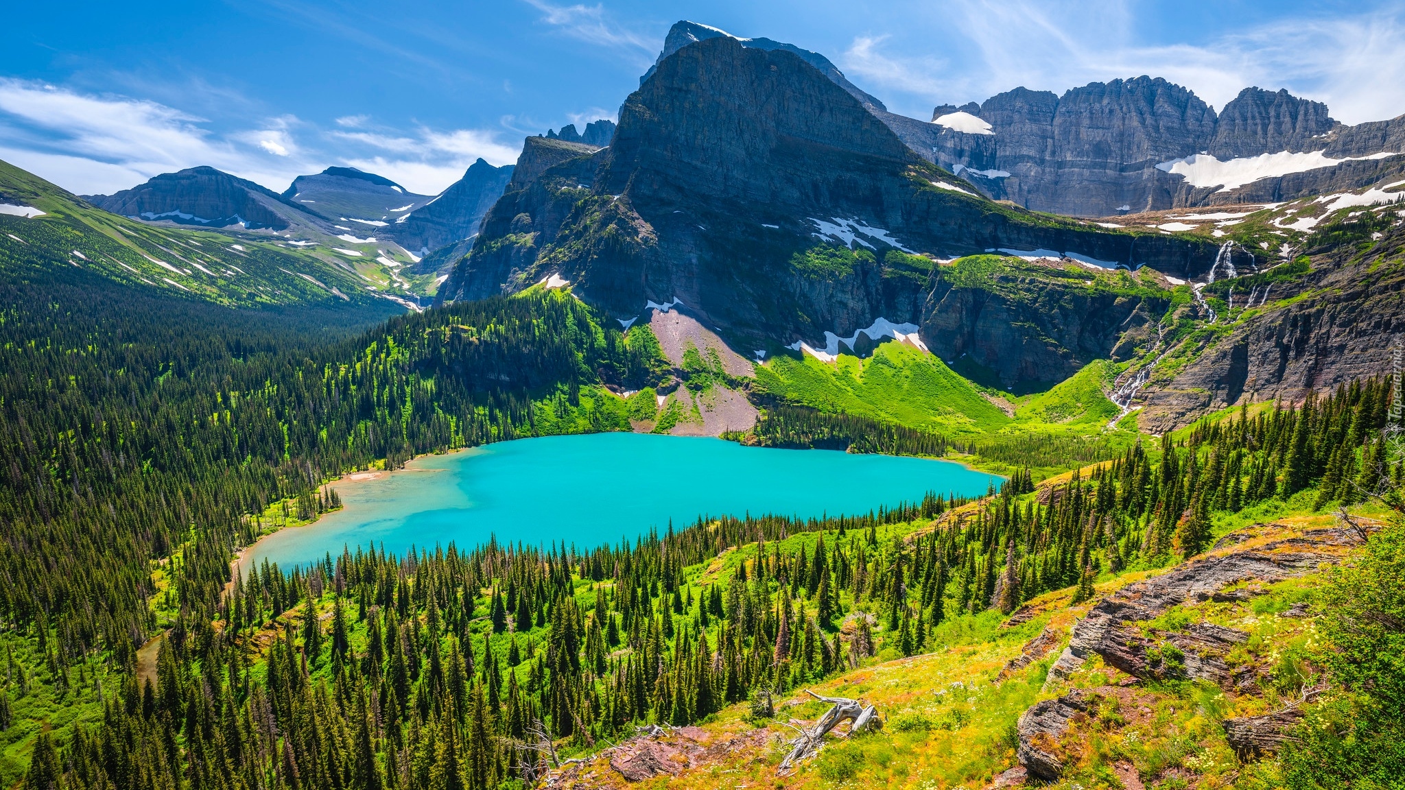 Park Narodowy Glacier, Montana, Stany Zjednoczone, Drzewa, Góry, Jezioro, Grinnell Lake, Rośliny