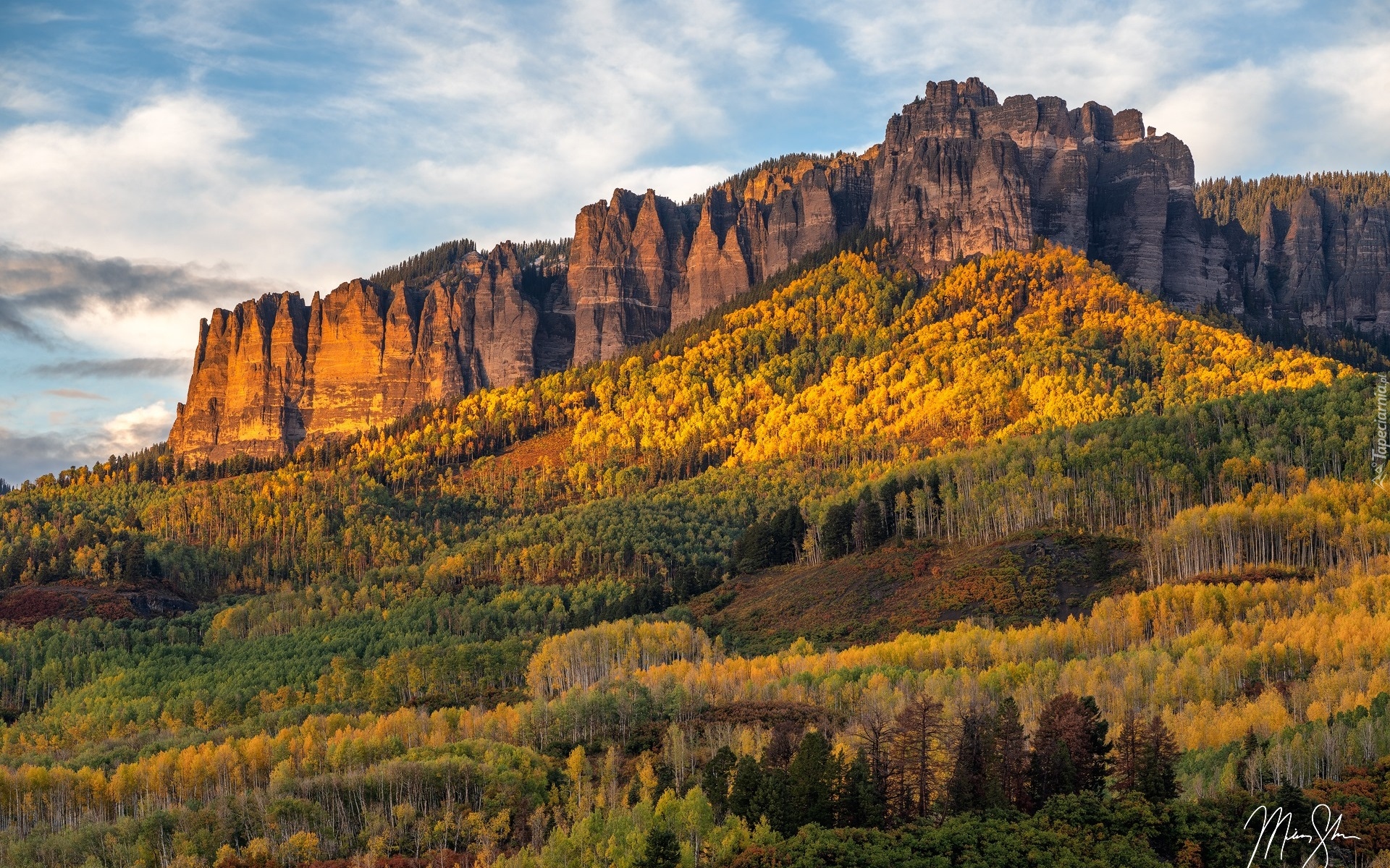 Góry, San Juan Mountains, Grzbiet Cimarron Range, Las, Drzewa, Jesień, Chmury, Kolorado, Stany Zjednoczone