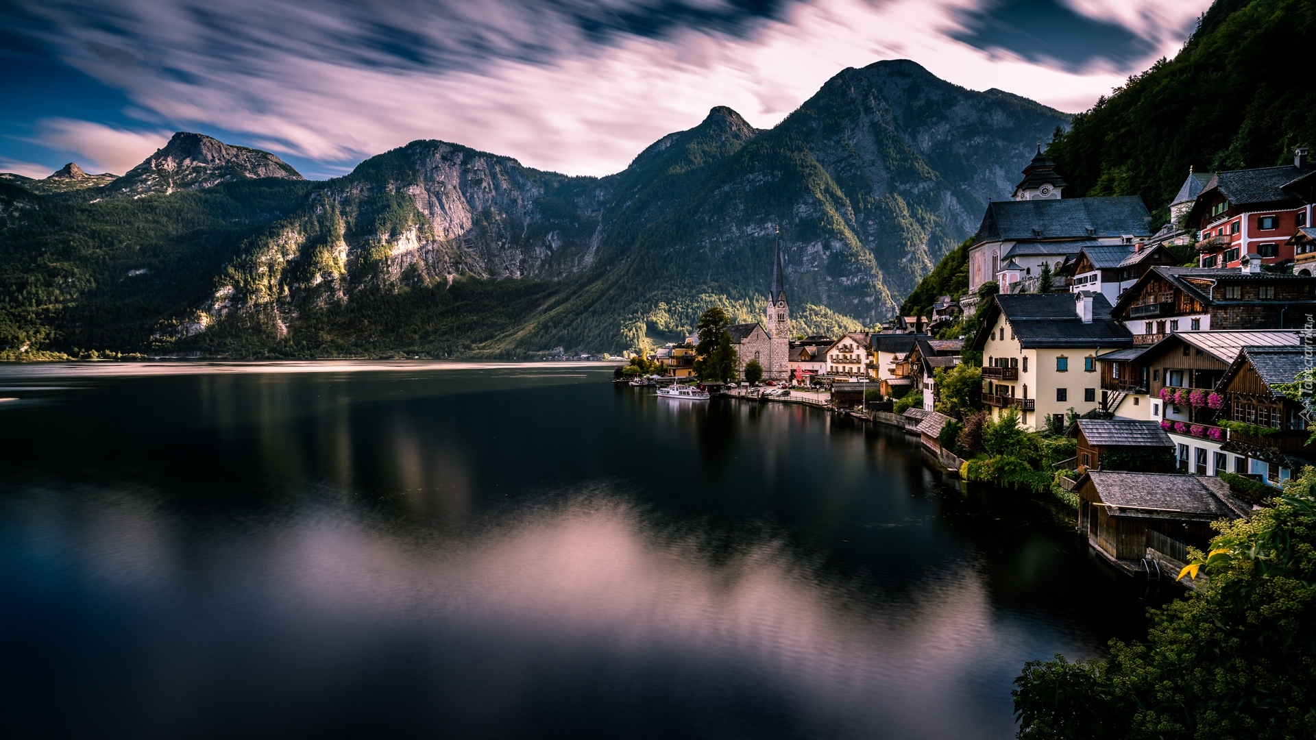 Austria, Hallstatt, Domy, Góry, Alpy Salzburskie, Jezioro Hallstattersee