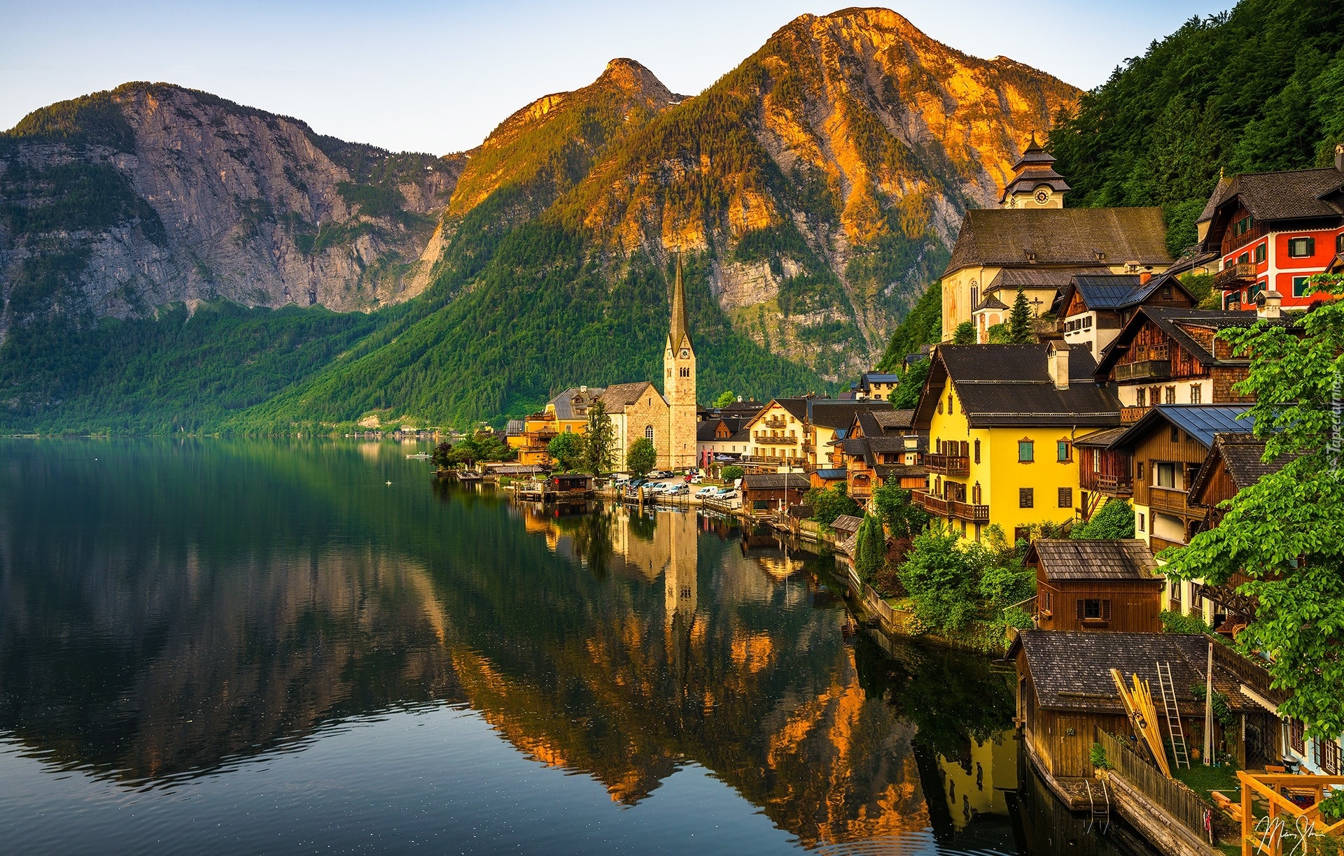 Austria, Hallstatt, Góry, Jezioro, Domy, Kościół, Drzewa, Odbicie