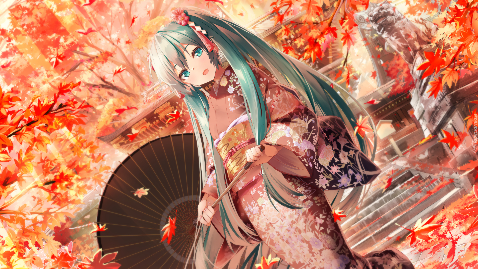 Hatsune Miku, Vocaloid, Kimono, Parasolka, Manga Anime