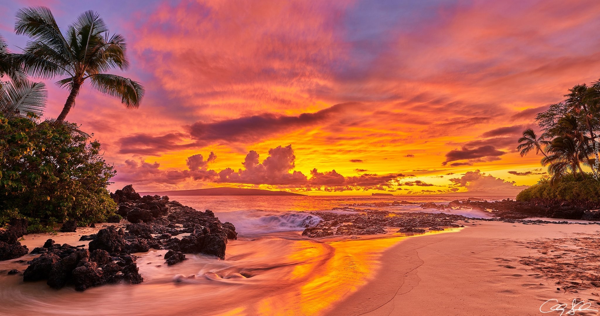 Hawaje, Wyspa Maui, Ocean, Palmy, Zachód słońca, Chmury