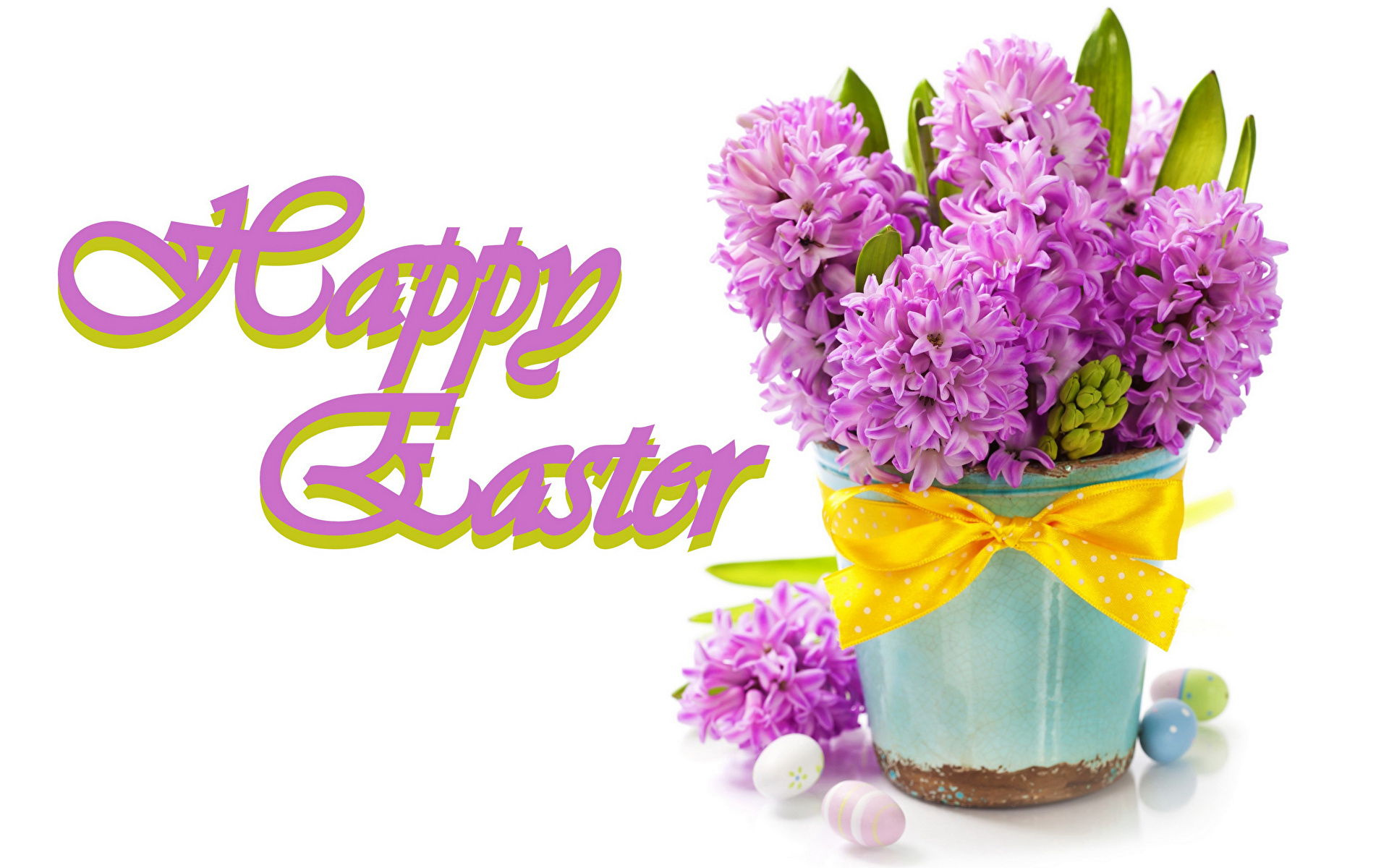 Wielkanoc, Kwiaty, Hiacynty, Doniczka, Kokarda, Żółta, Pisanki, Napis, Happy Easter, Tło