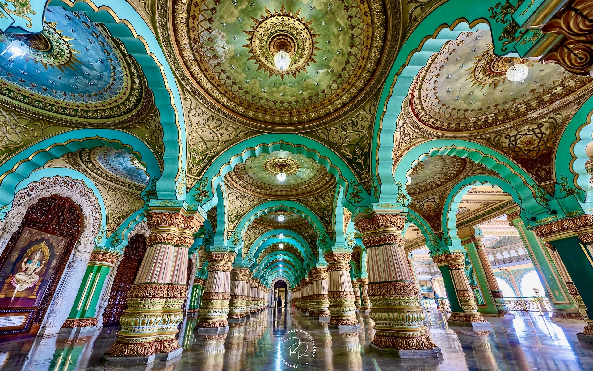 Indie, Mysore, Pałac, Mysore Palace, Amba Vilas, Sala, Wnętrze, Filary, Hol, Durbar Hall